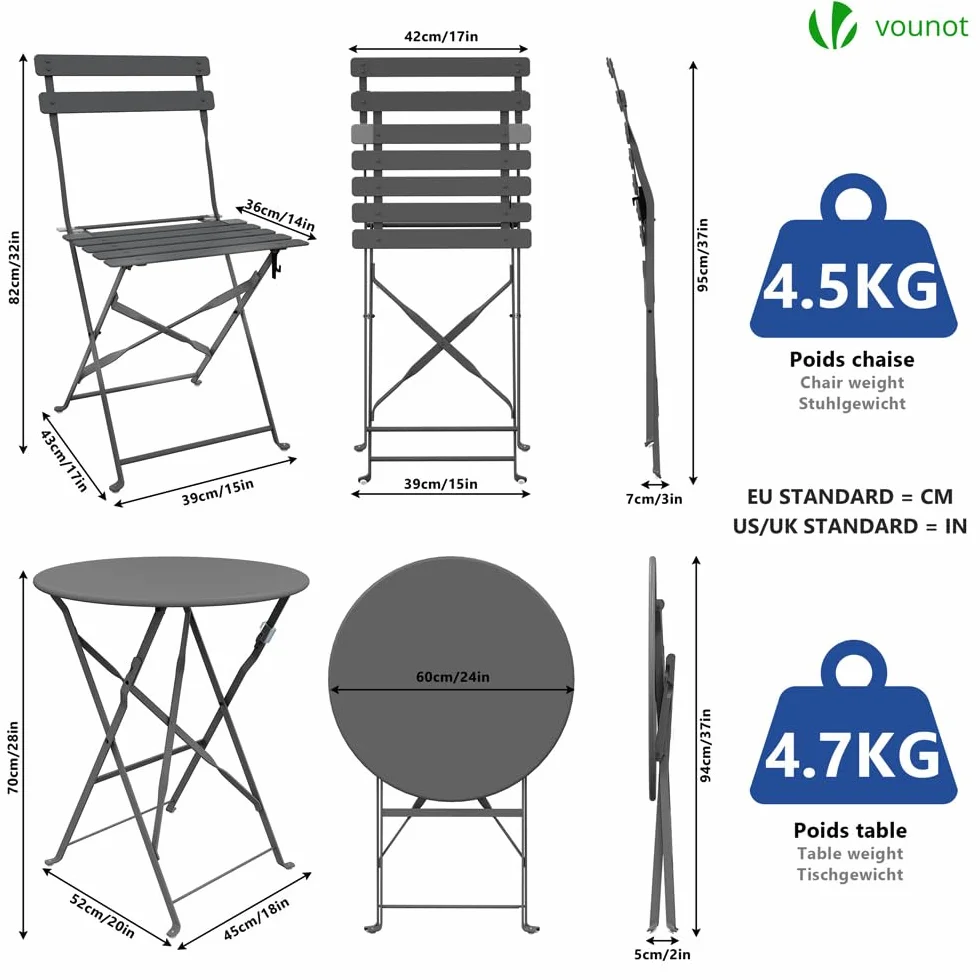 VOUNOT® Set da Giardino Pieghevole da 3 Pezzi, Tavolo Bistrot con 2 Sedie, Acciaio, Grigio