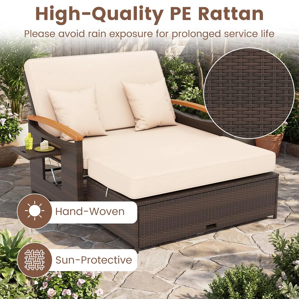 GIANTEX Divano da Giardino in Rattan a 2 Posti con Funzione Allungata, Set di Mobili in Rattan con Sgabello, Doppia Sedia a Sdraio per 2 Persone, 3 Colori (Cuscino Beige)