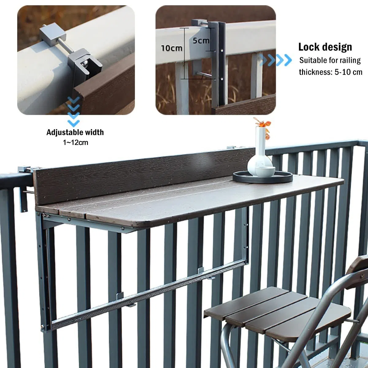Tavolino da Balcone Pieghevole, 5 Altezze Regolabili, Tavolo da Appendere per Giardino, Terrazza, Cortile, Tavolino da Esterno, Profilo in Alluminio