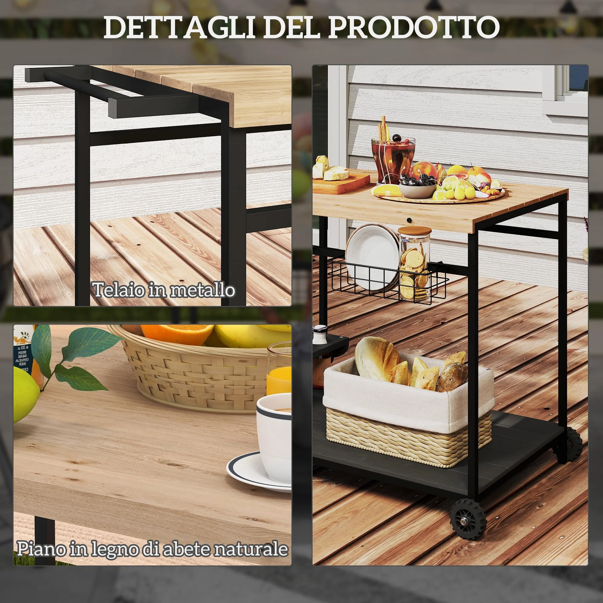 Outsunny Carrello da Giardino 2 Ripiani Legno Abete 97.5x65x81 cm Nero