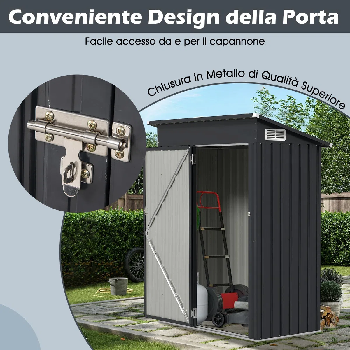 RELAX4LIFE Casetta da Giardino per Attrezzi,150x88x185 cm in Lamiera d'Acciaio e e Lamiera Zincata con Doppie Porte, Tetto Inclinato, per Porta Attrezzi, Tosaerba, 2 Paia di Guanti (GRIGIO 2)