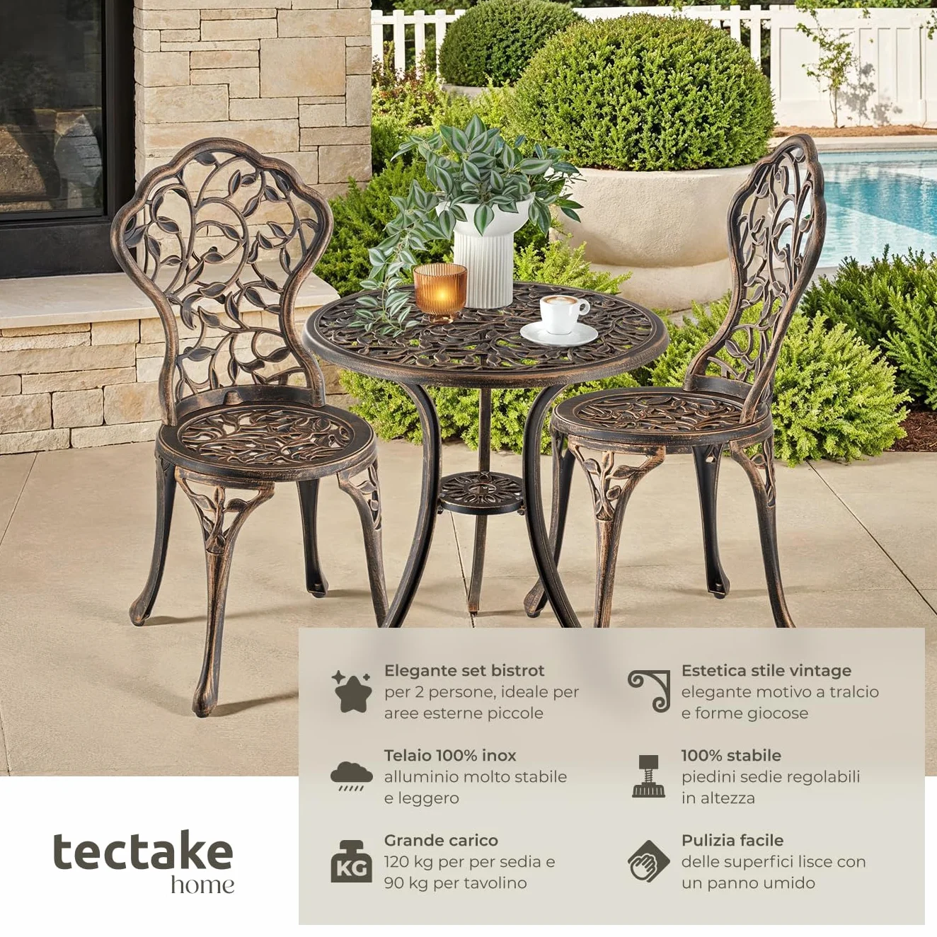 Tectake Bistrot Set per 2 Persone, Tavolo e Sedie da Giardino in Alluminio, Motivo Foglia Vintage