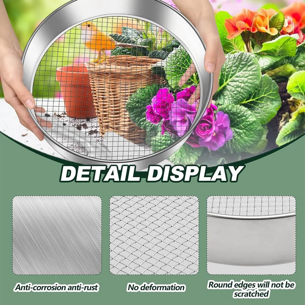 Setaccio da Giardino Rotondo 5 in1 20 cm Acciaio Inox con Inserti 3-12 mm per Terriccio Compost