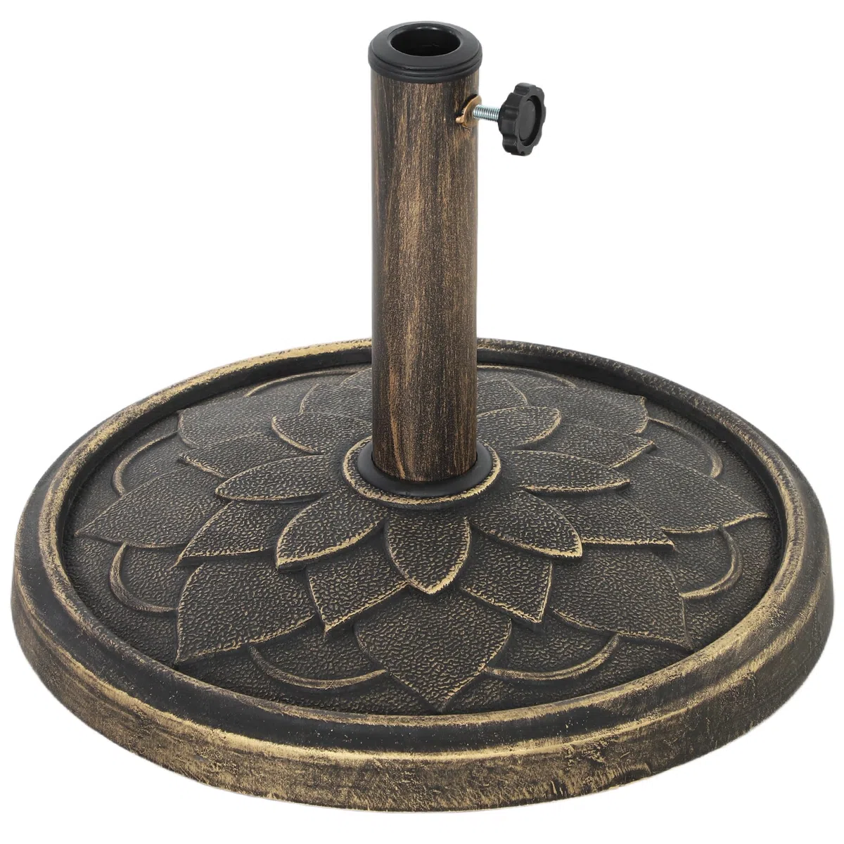 Outsunny Base per Ombrellone da 12 kg con Motivo di Fiore di Loto e Manovella Integrata, Basamento per Ombrellone in Resina, Metallo e Cemento, per Pali di Ombrelloni da Ø32/38/48 mm, Bronzo