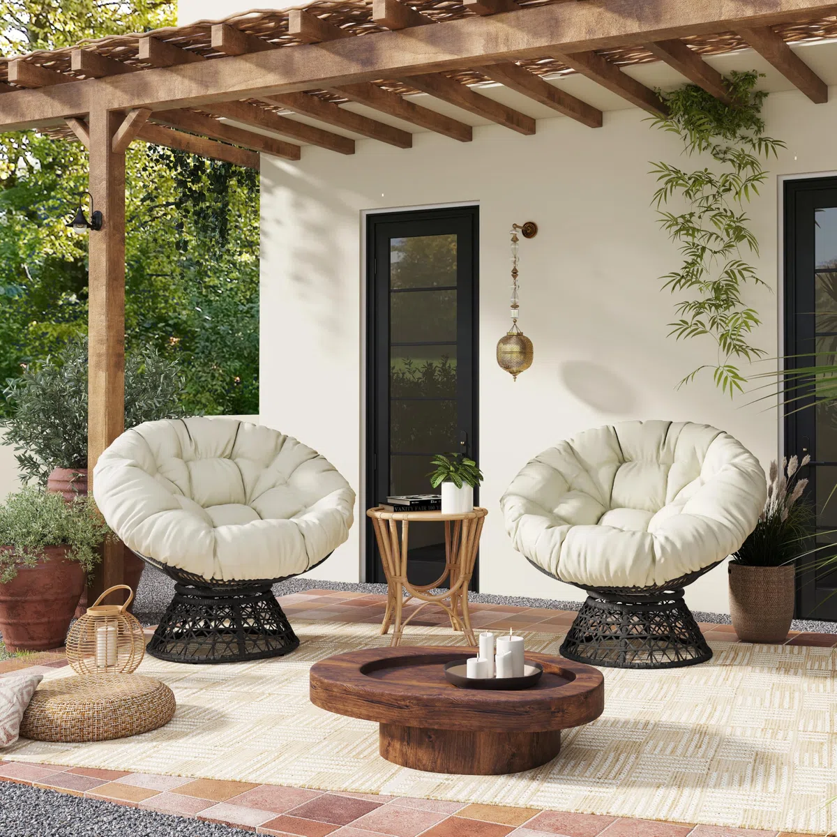 Yaheetech Poltrona da Giardino Girevole 360° Rattan Sedia Dondolo Rotonda Papasan Cuscino Diametro 120 cm Nero/Beige