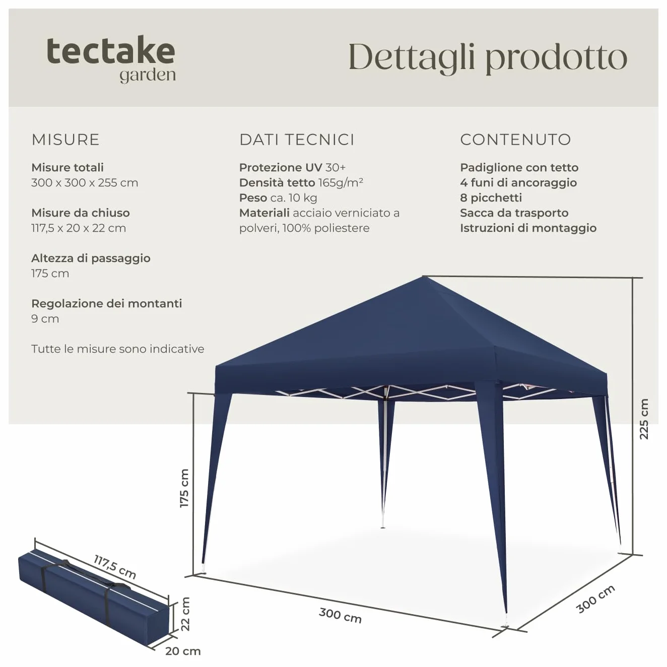 Tectake Gazebo da Giardino Regolabile 300x300x255 cm Blu - Padiglione Esterno Resistente con Telaio in Acciaio, Idrorepellente, UV