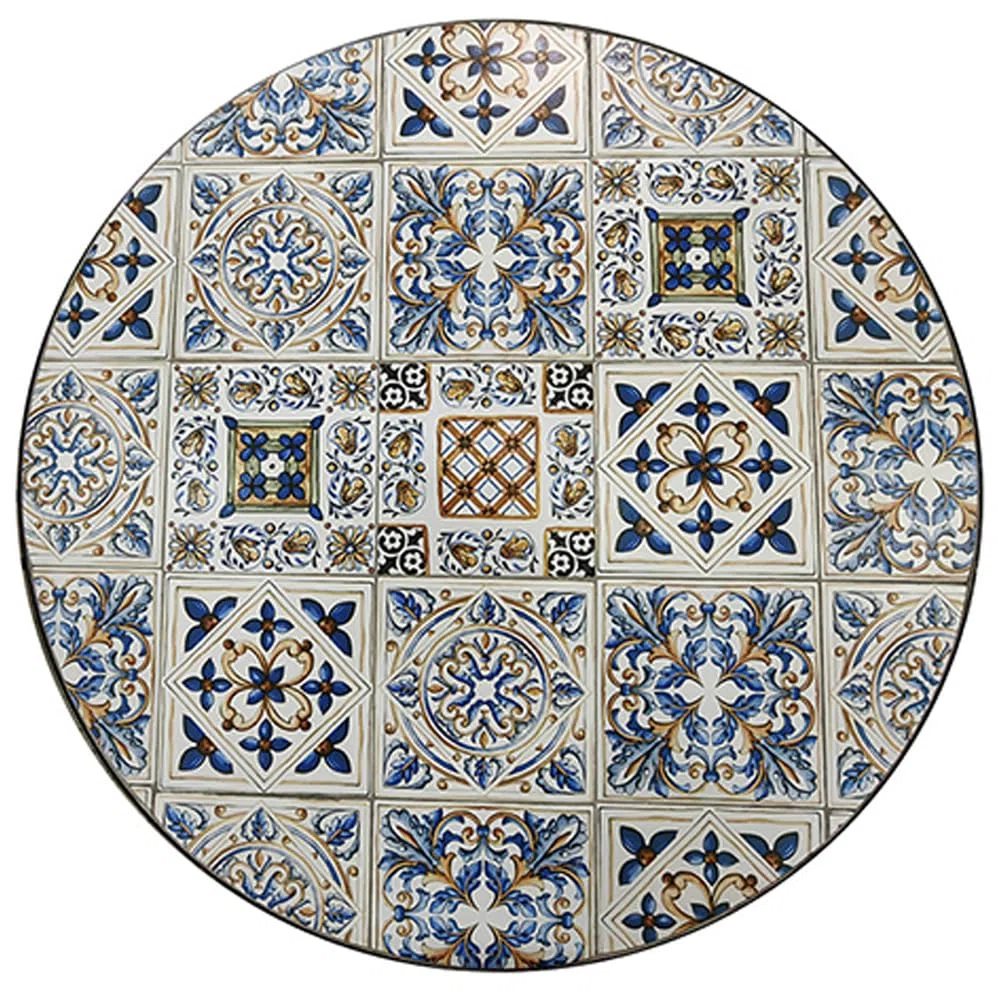 Tavolo rotondo in ferro battuto con piano in ceramica decorazione mosaico diametro 90 cm per giardino o interno stabile per esterni terrazza balcone
