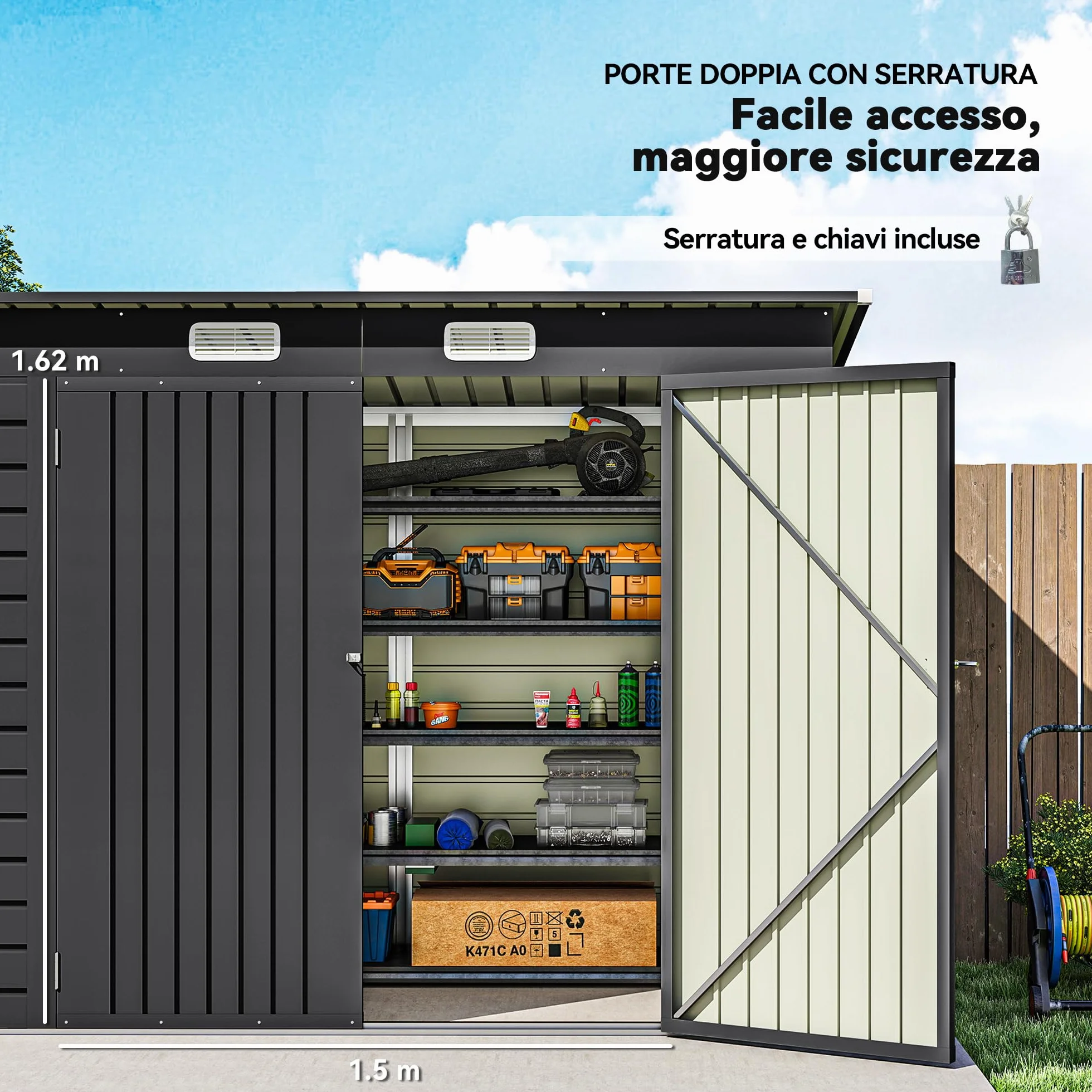 Outsunny Capanno Porta Attrezzi con 2 Prese d'Aria e Chiavistello, Casetta da Giardino in Acciaio Zincato, 249x121x183 cm, Grigio