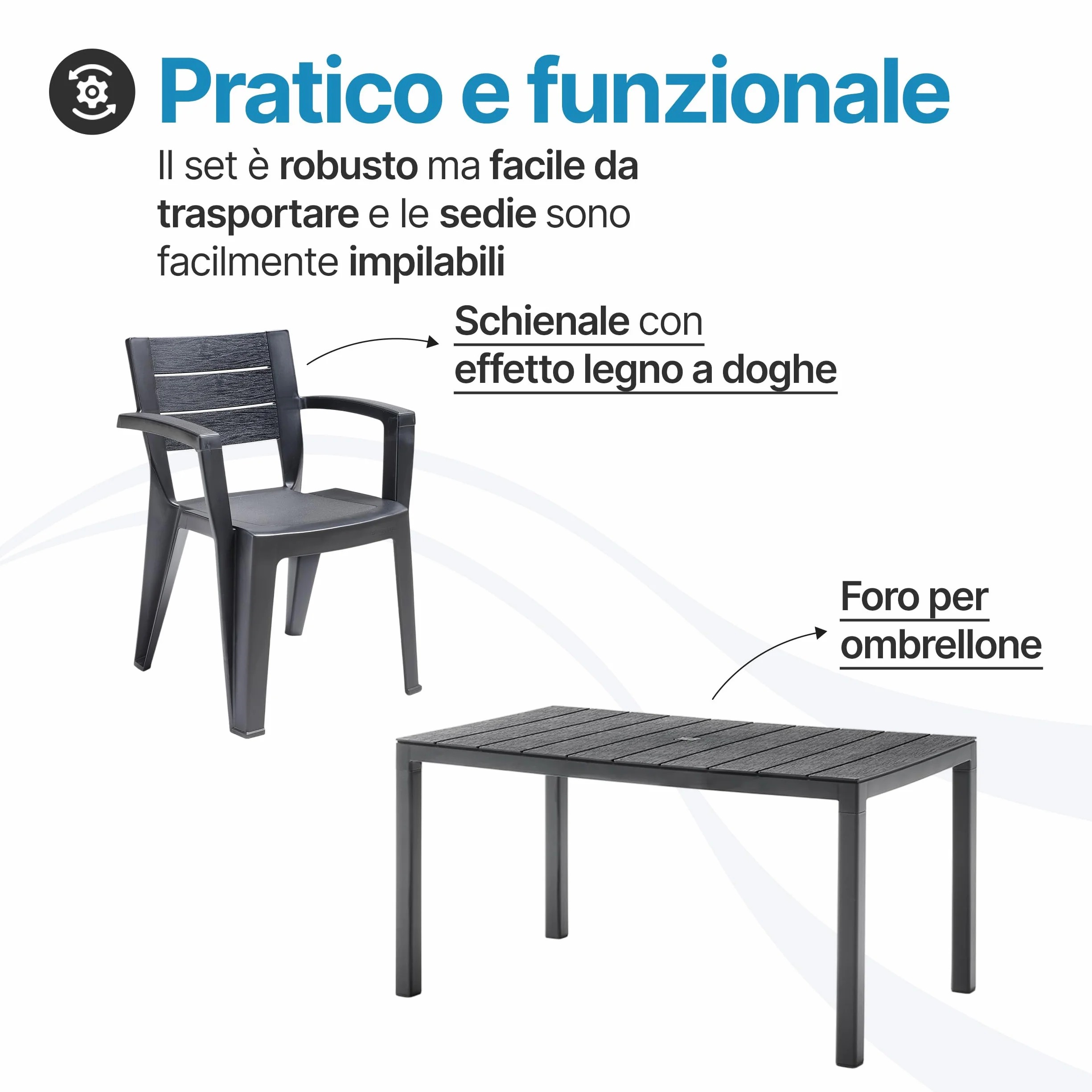 Tomaino Set Savana Tavolo da Giardino con 6 Sedie in Plastica Allungabile Nero