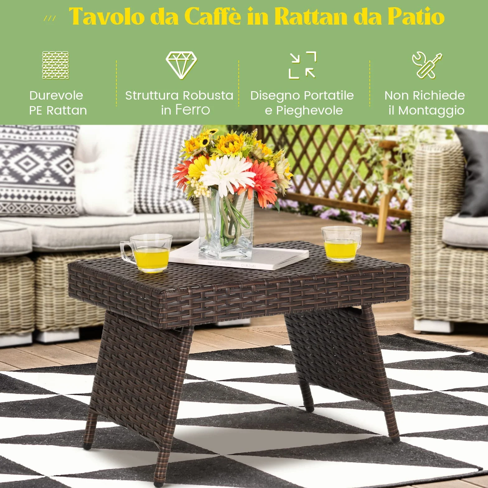 COSTWAY Tavolino da Caffè Rettangolare in Vimini Pieghevole, con Struttura in Acciaio Resistente e Cuscinetti Antiscivolo, Utilizzabile da Interno e Esterno (Marrone)