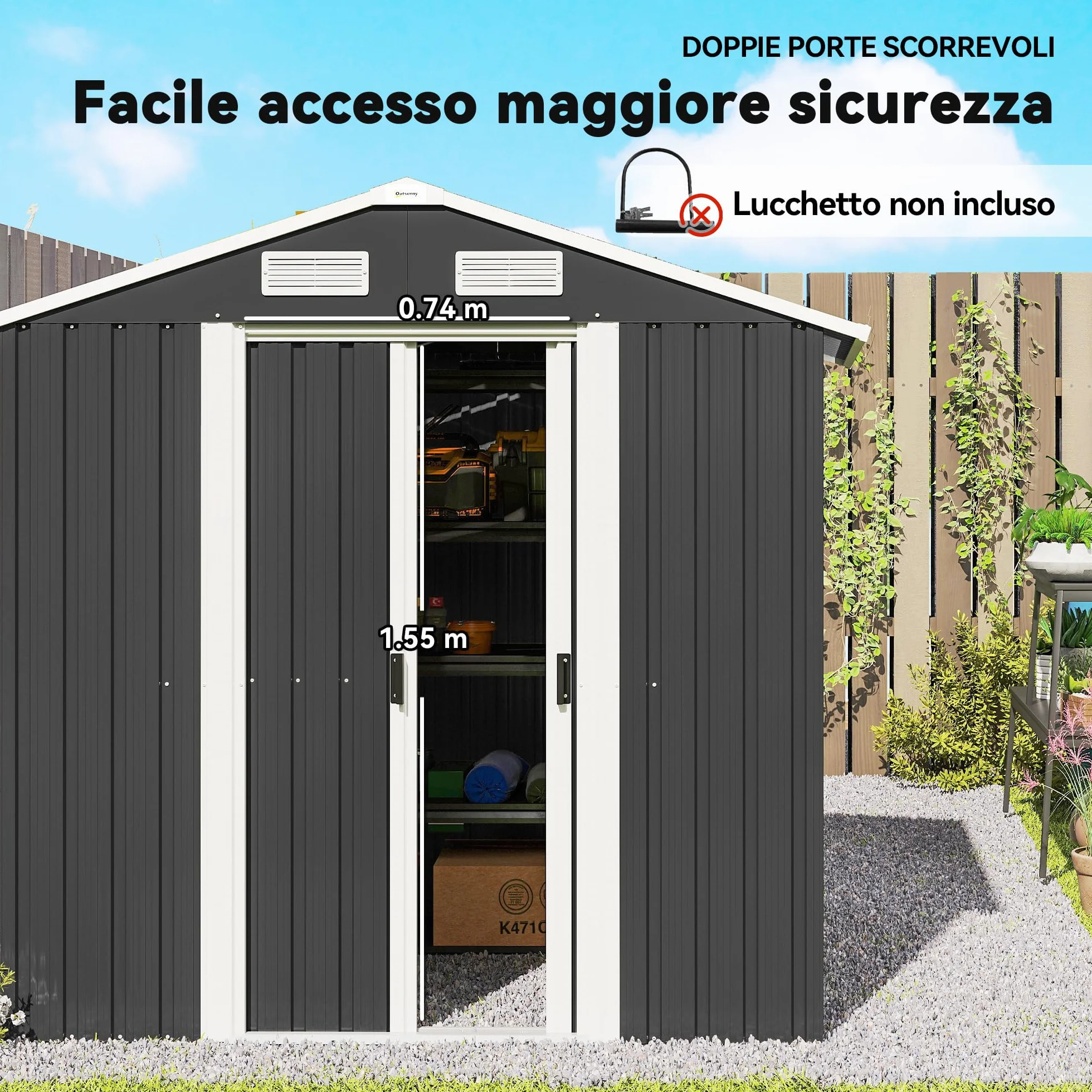 Outsunny Casetta da Giardino 2.8m² Acciaio Zincato con Prese d'Aria, Capanno Attrezzi 2 Porte Scorrevoli, 195.5x158.5x188 cm, Nero