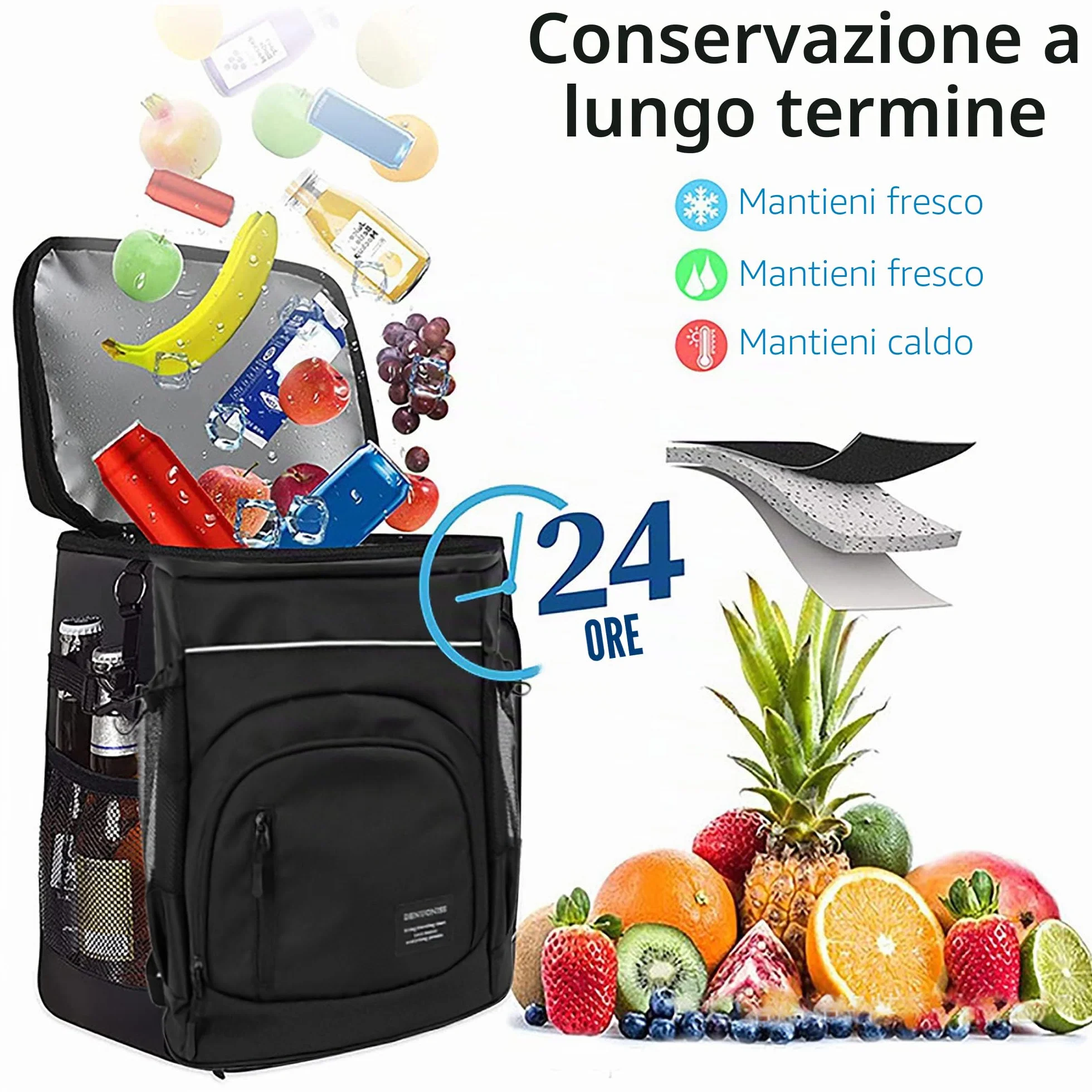 Zaino Pic Nic Termico Borsa Frigo 30L Borsa Termica da Viaggio Portatile per Picnic, Campeggio e Spiaggia (Nero)
