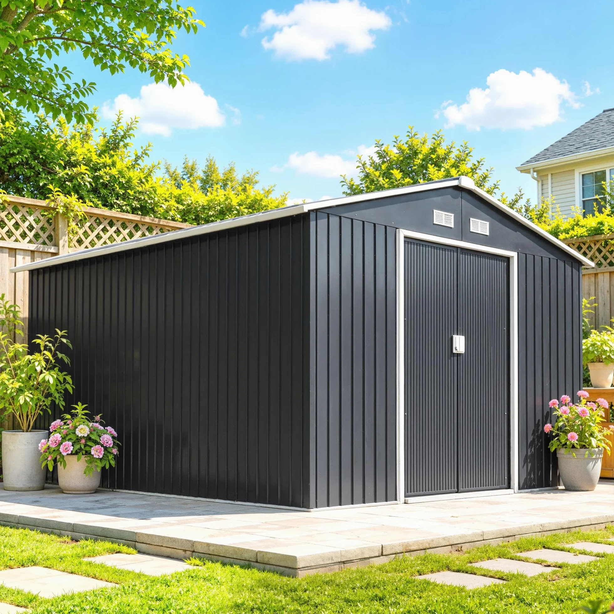 Outsunny Casetta da Giardino in Lamiera d'Acciaio 8.3 m² con 2 Porte Scorrevoli 277x322x192 cm Grigio Scuro