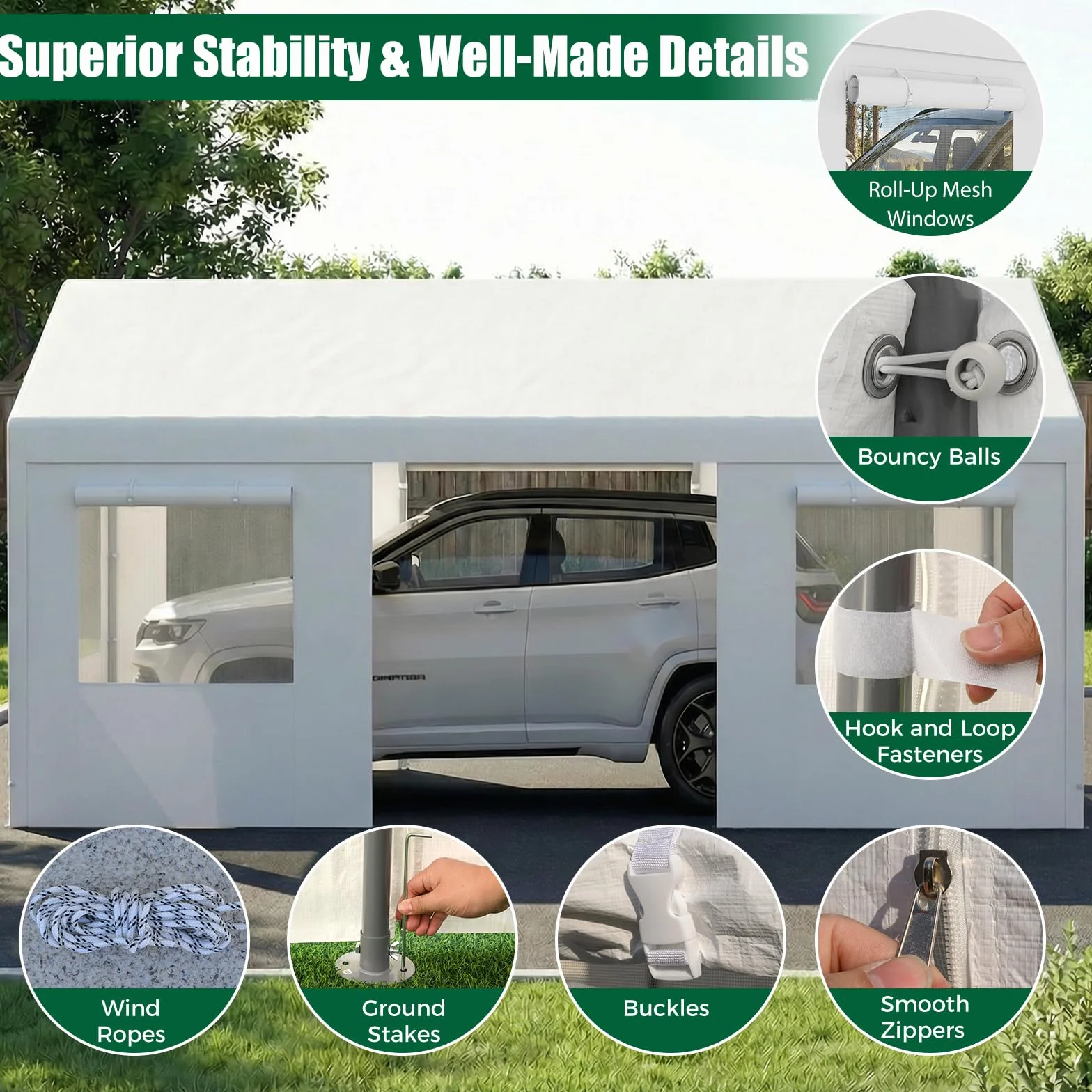 Tenda Garage Auto Esterno Tettoia Telaio Metallo Copertura PE Resistente Intemperie Capanno Giardino Bianco 305x586x280 cm