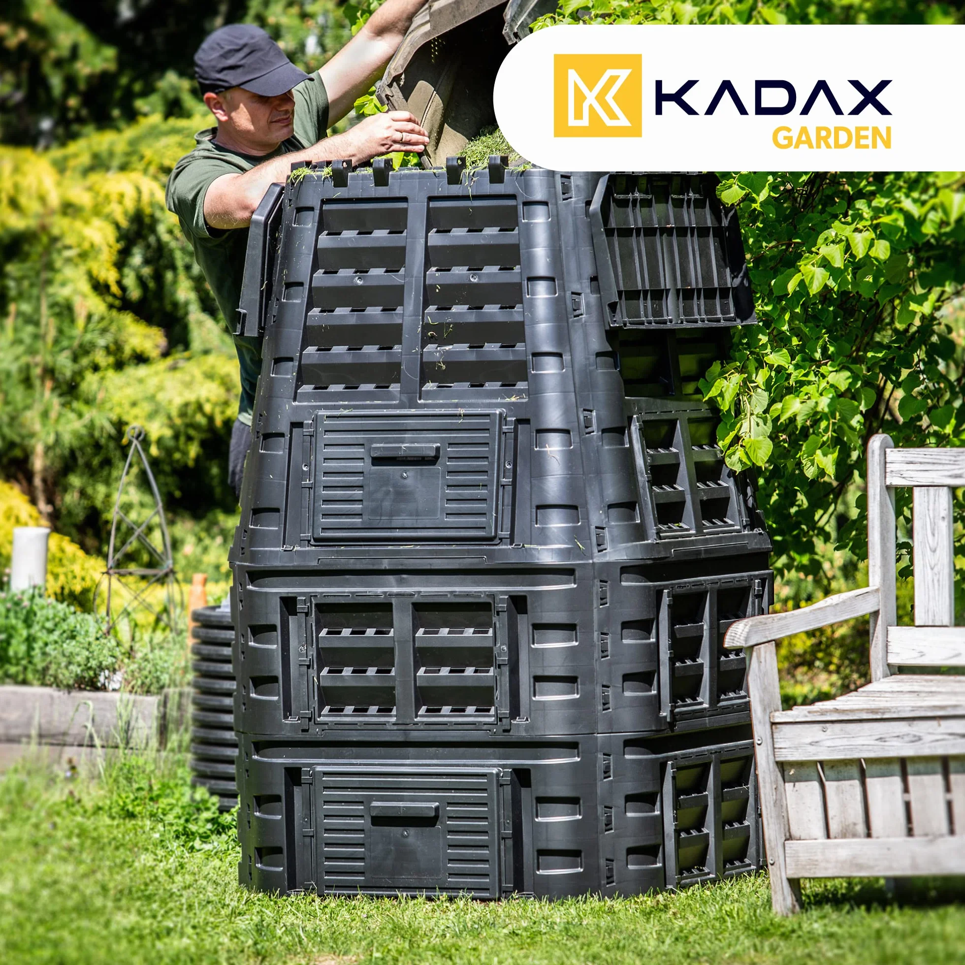 KADAX Compost, Sistema di compostaggio Nero, composti di plastica, Compost Termico Resistente al Tempo con Coperchio Pieghevole (1000L)