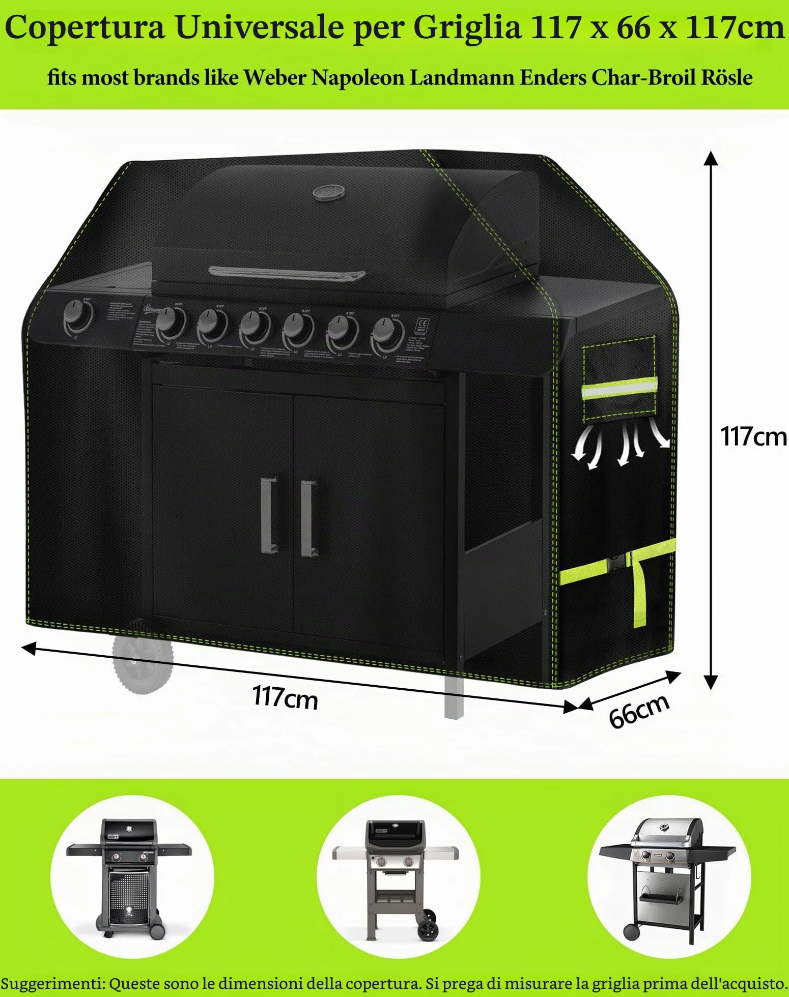 VDISRR Copertura Barbecue da Esterno, Tessuto Oxford 600D Resistente Telo Impermeabile 117 x 66 x 117 cm Copri Barbecue da Esterno per BBQ Grill Antivento UV Polvere Neve