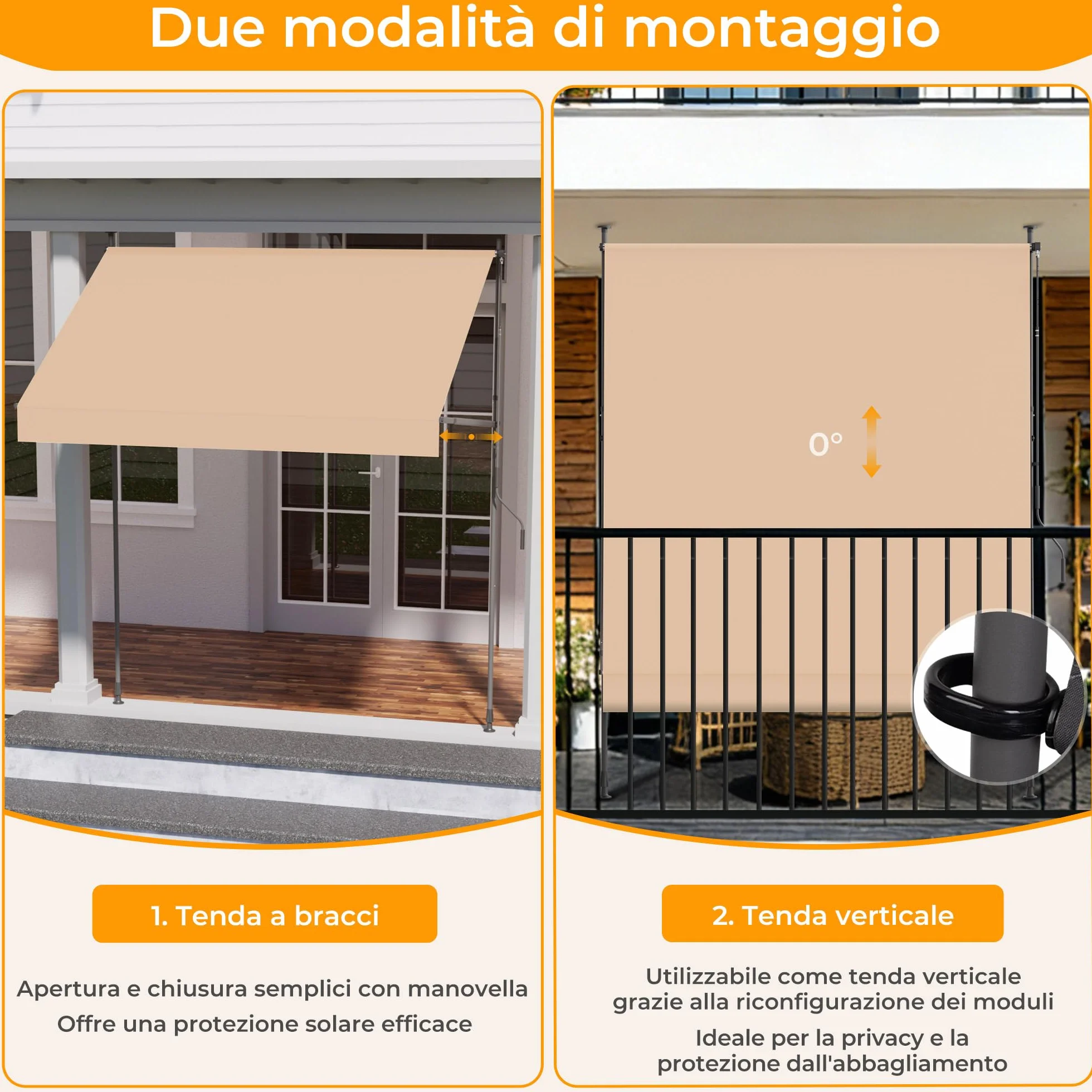 Tenda da Sole a Morsetto con manovella regolabile, Impermeabile Anti-UV, 200 cm x (120-150) cm Cachi