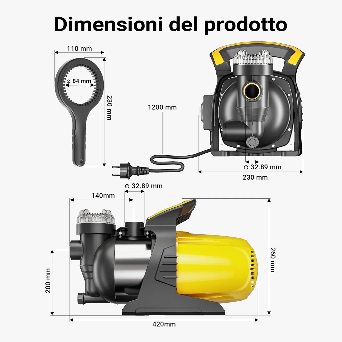 Wiltec Pompa da giardino 1200 W in acciaio inox 3800 l/h altezza mandata 48 m profondità 8 m con prefiltro