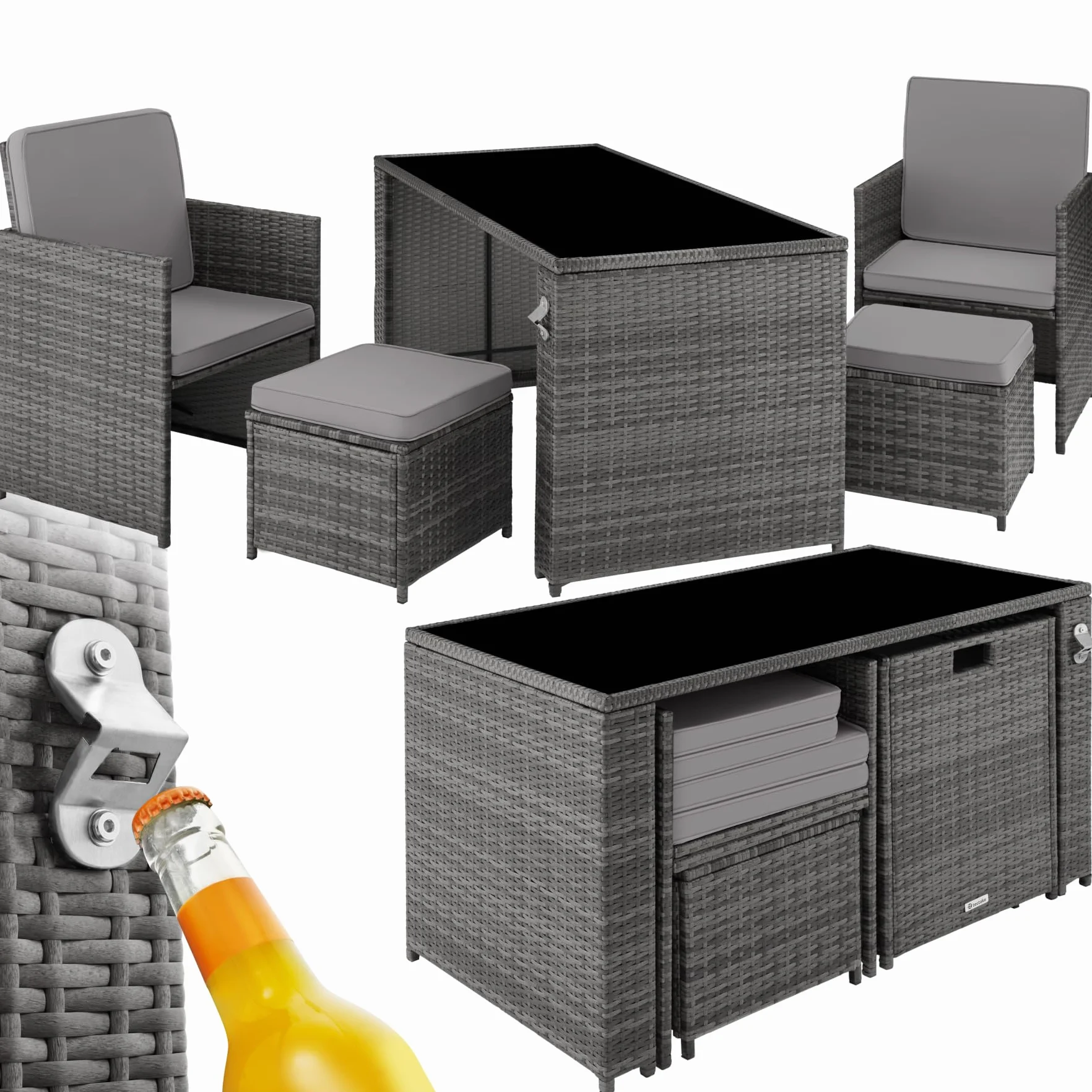 Tectake Salottino Rattan Palermo Set Sedie Cuscini Tavolino Vetro Grigio