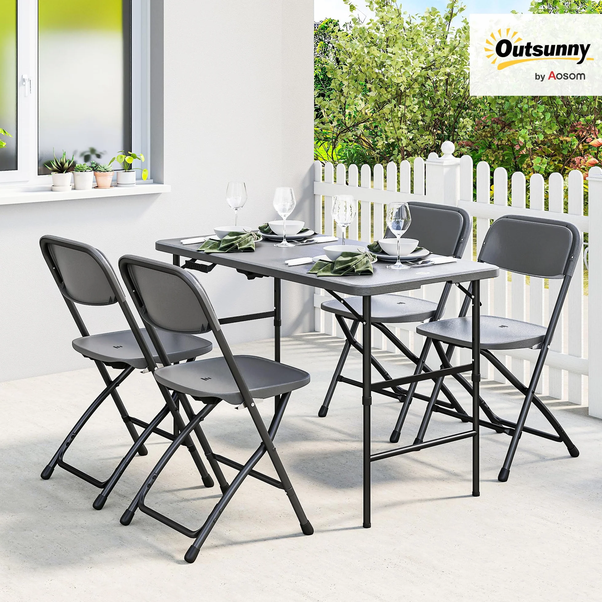 Outsunny Zestaw Ogrodowy 5 Elementów, Stolik Regulowany HDPE, 4 Krzesła, Szary Ciemny