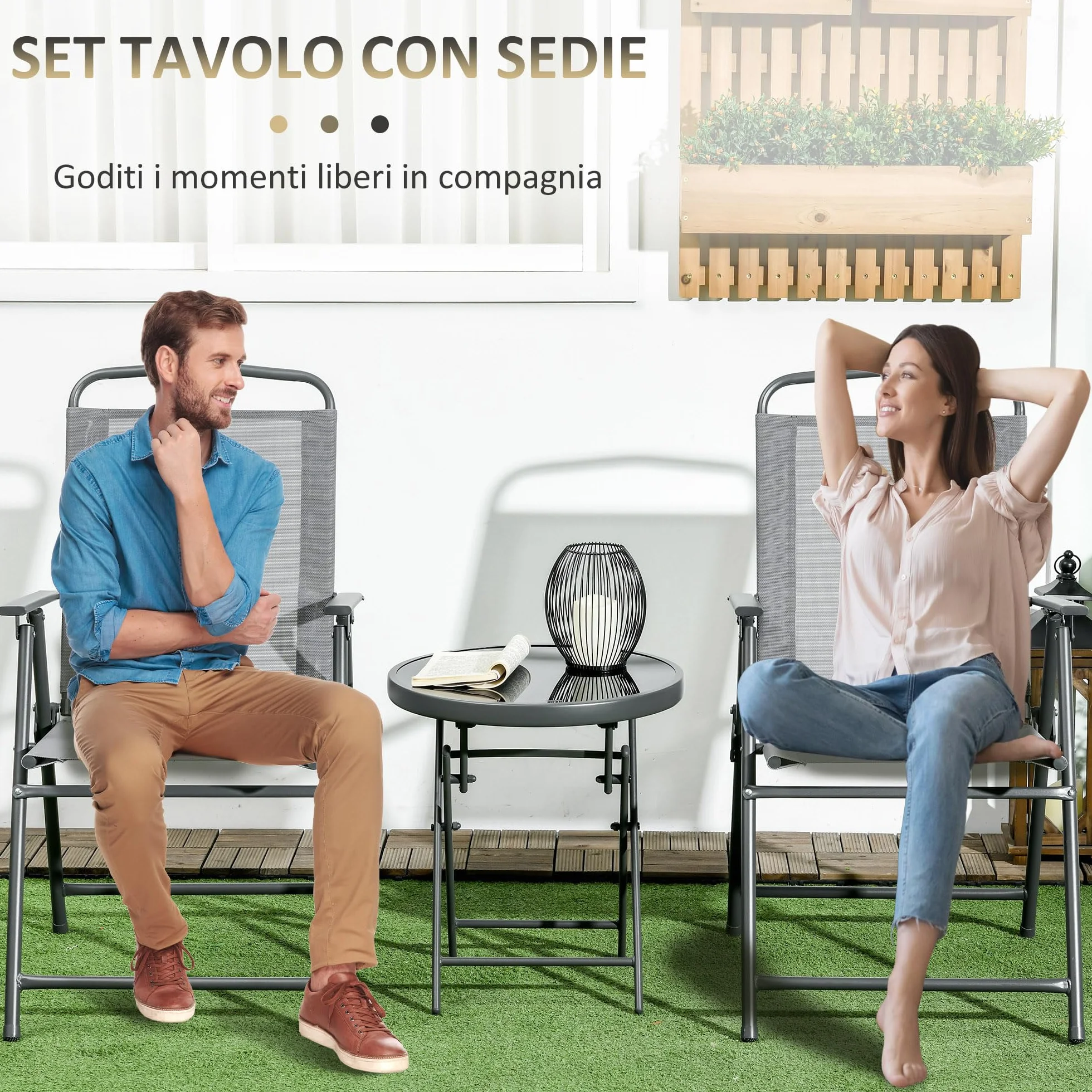 Outsunny Set da Giardino 3 Pezzi con Sedie e Tavolino Pieghevoli in Metallo e Vetro Grigio Chiaro per Patio