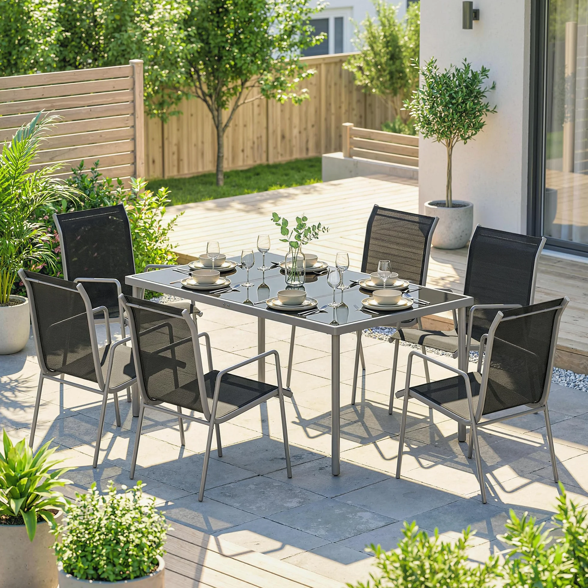 Outsunny Set Tavolo e Sedie da Giardino 7 Pezzi, Pranzo Esterno con 6 Sedie Impilabili in Texteline, Tavolo in Vetro Temperato, Metallo, Argento e Nero