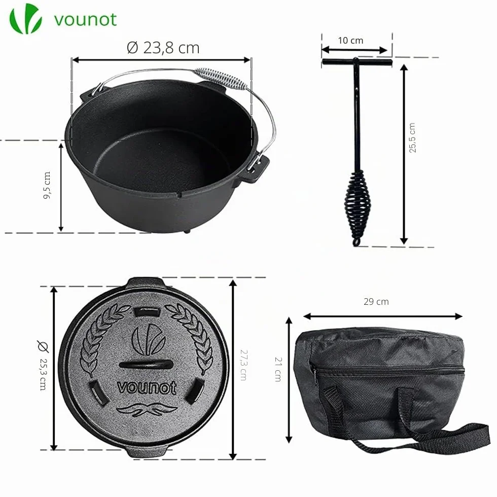 VOUNOT® Forno Olandese 4,25L Pentola in Ghisa con Gambe, BBQ Dutch Oven Ghisa con Sollevatore Coperchio, Supporto, Borsa, per Il Campeggio, la Cucina Casalinga, Il Barbecue e la Cottura