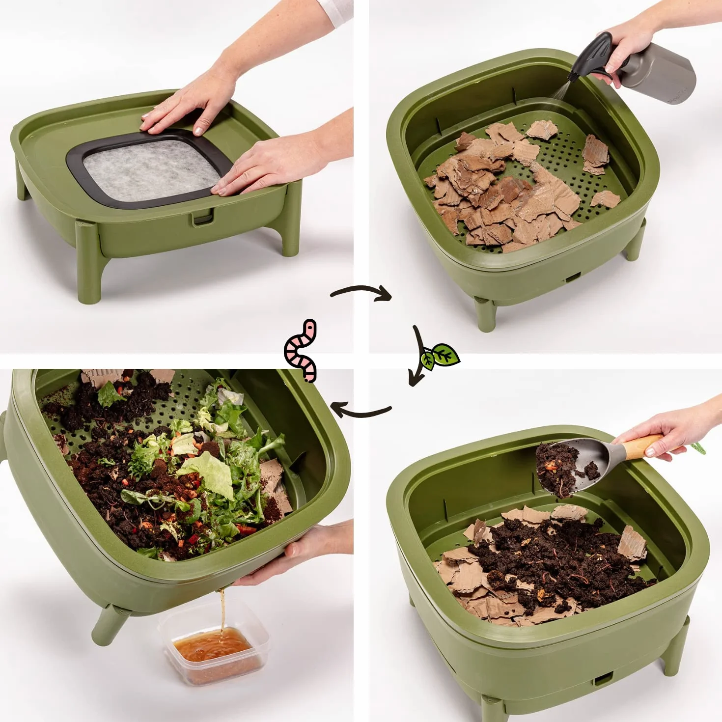 Vermicompost per Cucina e Balcone - Wormbox Simile Alla Torba - Vermicompostaggio Design in Plastica Riciclata 30 Litri, Verde