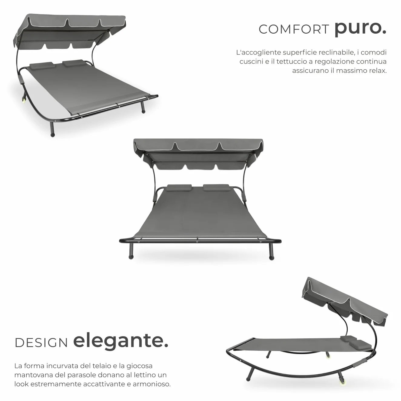 Tectake Lettino Prendisole Doppio con 2 Cuscini da Esterno, Telaio in Metallo, Rotelle, Tenda da Sole Pieghevole - Nero/Grigio