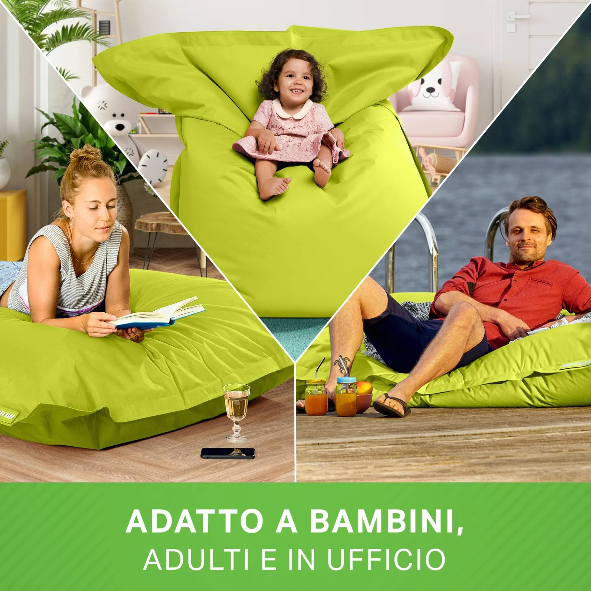 Green Bean Poltrona a sacco XXL 140x180cm 380L Bambini Adulti Imbottitura Perle EPS Impermeabile Lavabile Verde chiaro