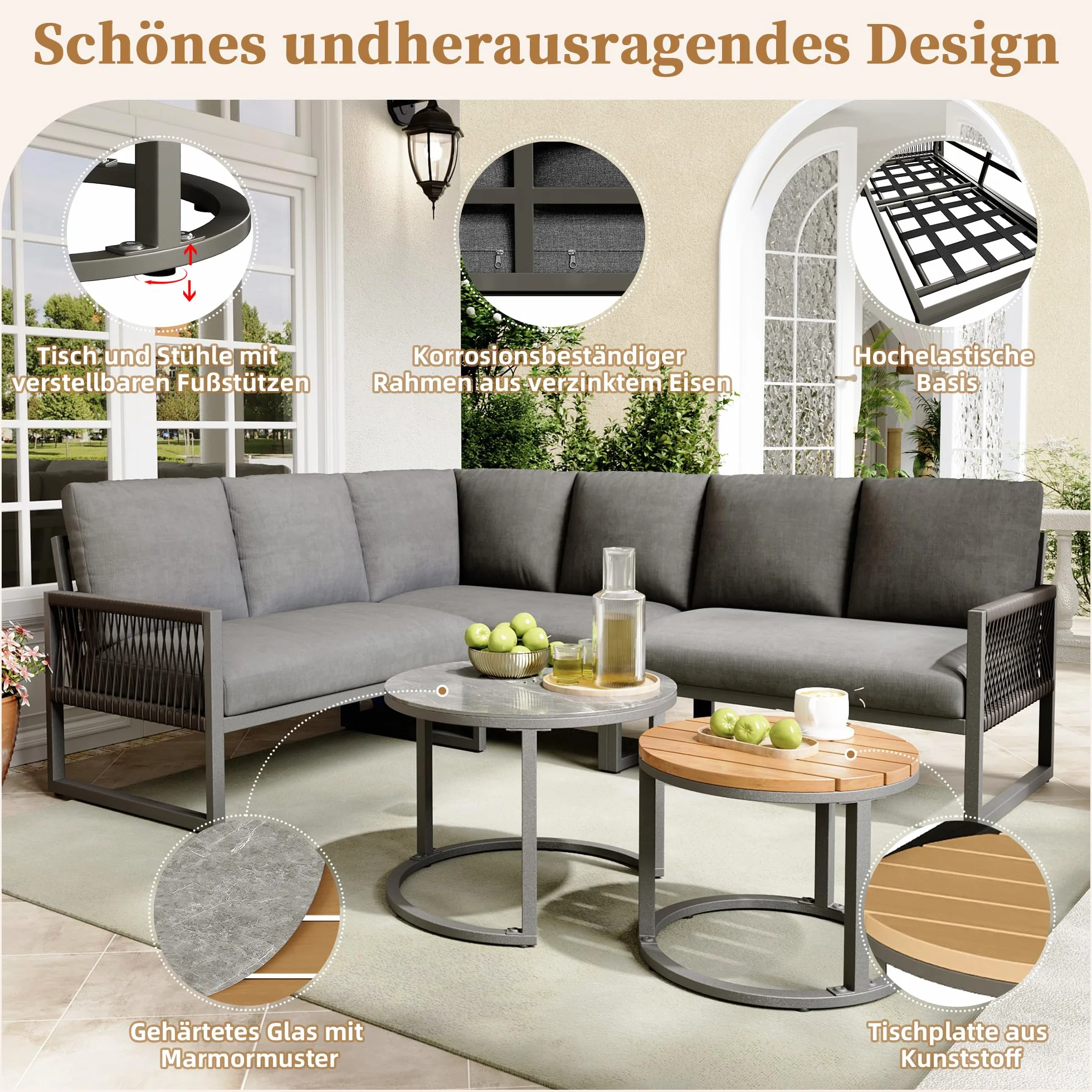 Soweiz Set di mobili da giardino per 6-7 persone divano ad angolo ferro zincato gambe regolabili cuscini seduta schiena 123x68x86 cm