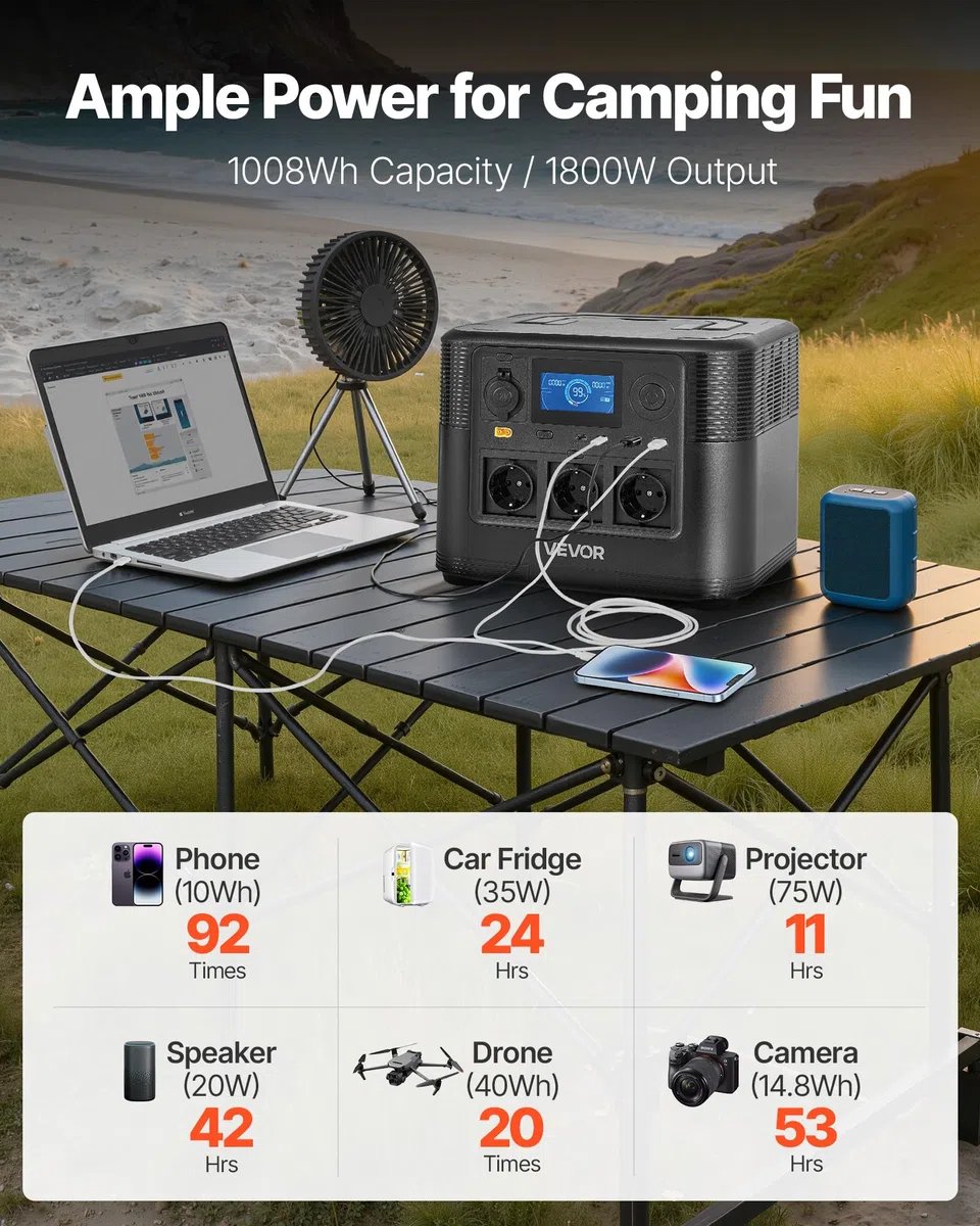 VEVOR Centrale Elettrica Portatile Generatore Solare da 1800 W Batteria di Backup LiFePO4 da 1008 Wh con 8 Porte di Uscite per Campeggio Viaggio Camper Emergenza, Pannello Solare Non Incluso