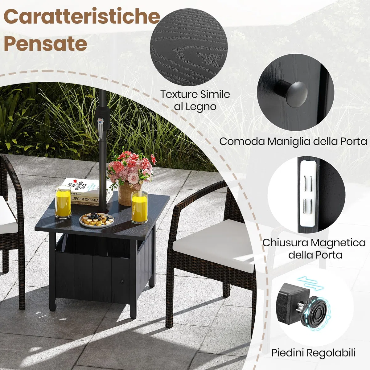 RELAX4LIFE 2 in 1 Tavolino Laterale in Metallo con Foro per Ombrellone 5cm Manopole Regolabili Tavolo da Giardino 80KG 55,5x55,5x48cm