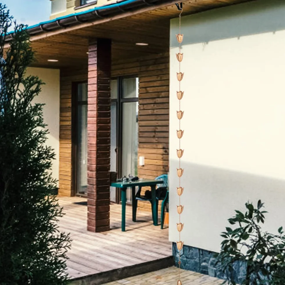 Catene da Pioggia per grondaie, Lunghezza 2,5 m, in Rame, con 12 Tazze, Accessorio Decorativo per grondaie, grondaie, drenaggio