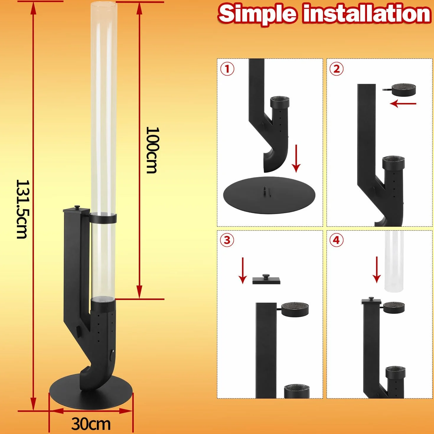 Torcia a pellet in acciaio inox con tubo in vetro 100 x 8 cm per esterni