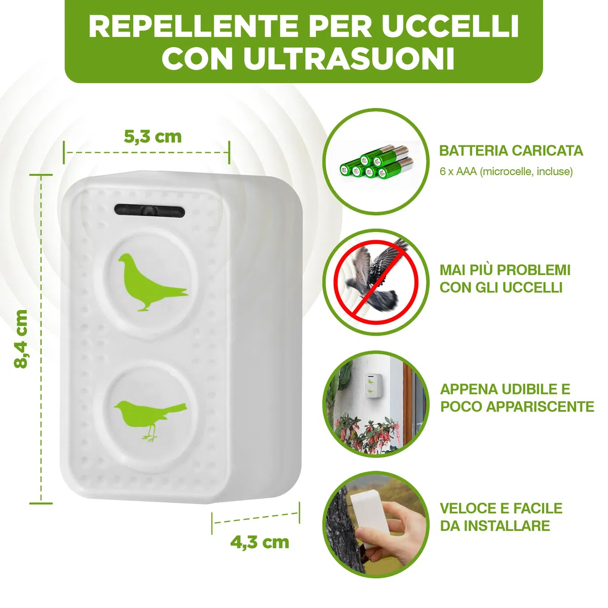 ISOTRONIC dissuasore uccelli ultrasuoni piccioni passeri gabbiani corvi batteria balconi tetti giardini raggio 50m² 2 unità efficace esterno protezione difesa stop volatili ecologico mobile casa