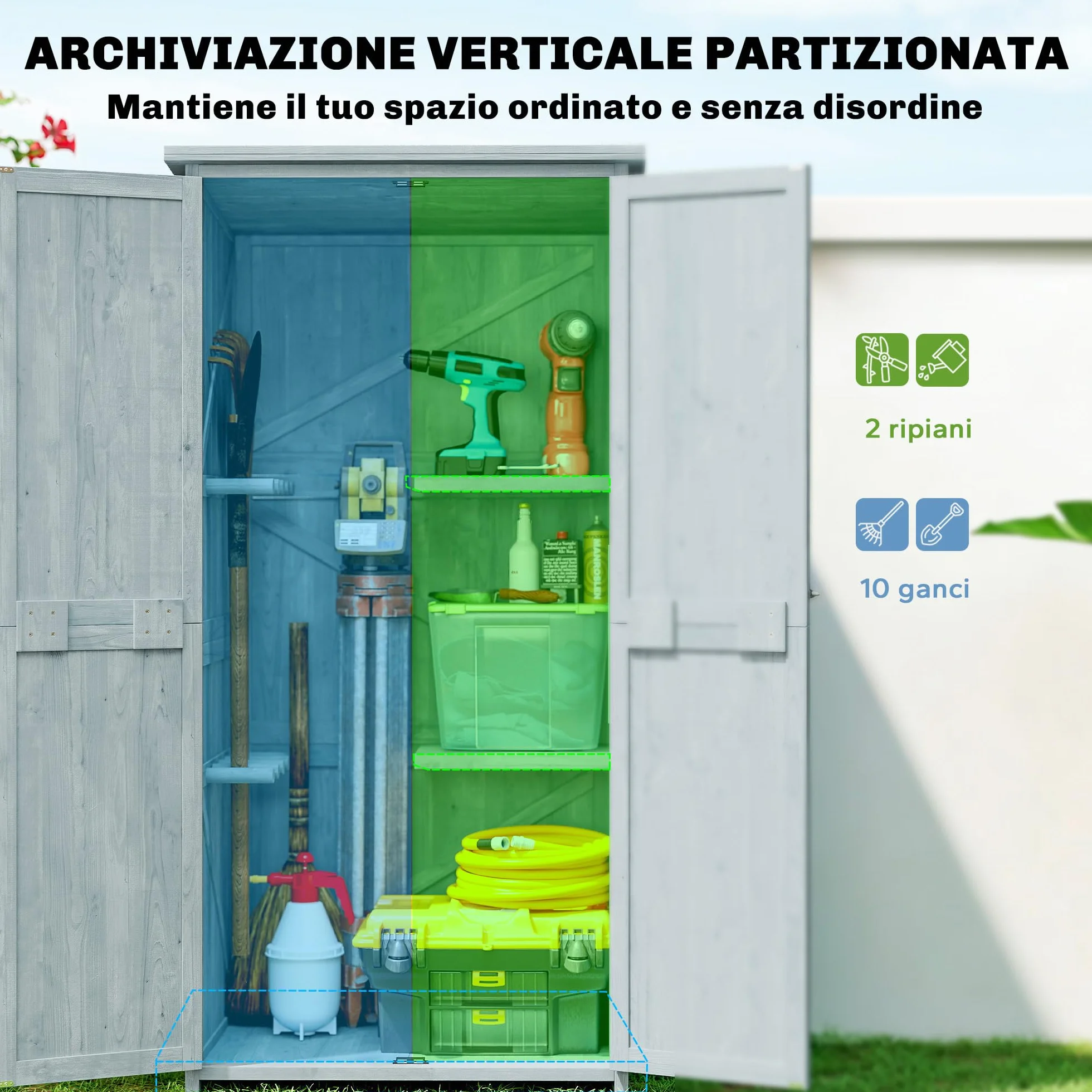 Outsunny Armadio da Giardino in Legno di Abete con Kit Antiribaltamento, Casetta Porta Attrezzi da Esterno con 2 Ante Bloccabili, 2 Ripiani, 10 Ganci, Tetto Inclinato Asfalto, 85x54x170 cm, Grigio