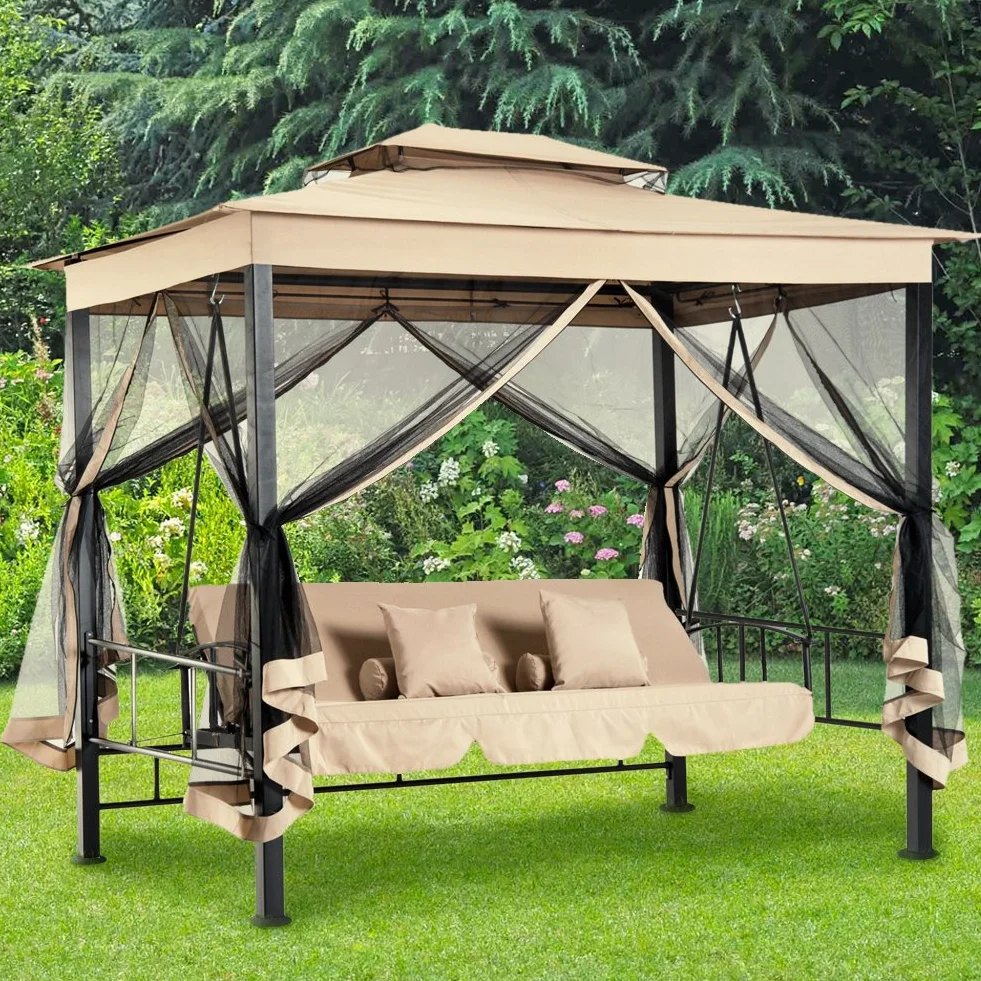 BAKAJI Gazebo Parasole da Giardino con Dondolo Letto e Zanzariere 3 posti, Modello Extra-Lusso Cleopatra, Amaca Altalena Trasformabile in Letto Matrimoniale, Colore Beige