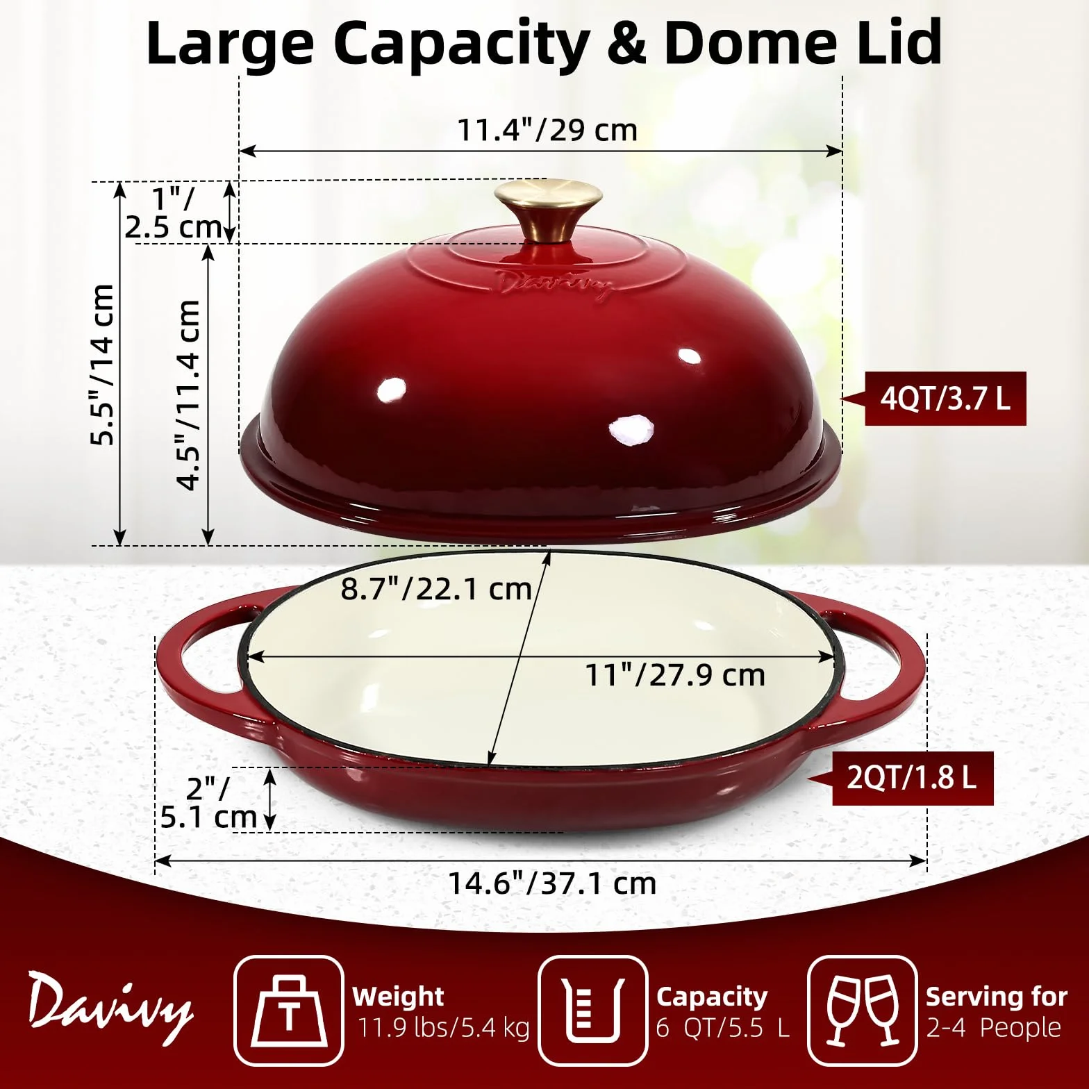 Davivy Forno olandese ovale in ghisa smaltata da 5,5 l, per pane a lievitazione naturale, pentola olandese con coperchio a cupola, pentola per il pane in ghisa (rosso rubino, con tappetino in silicone