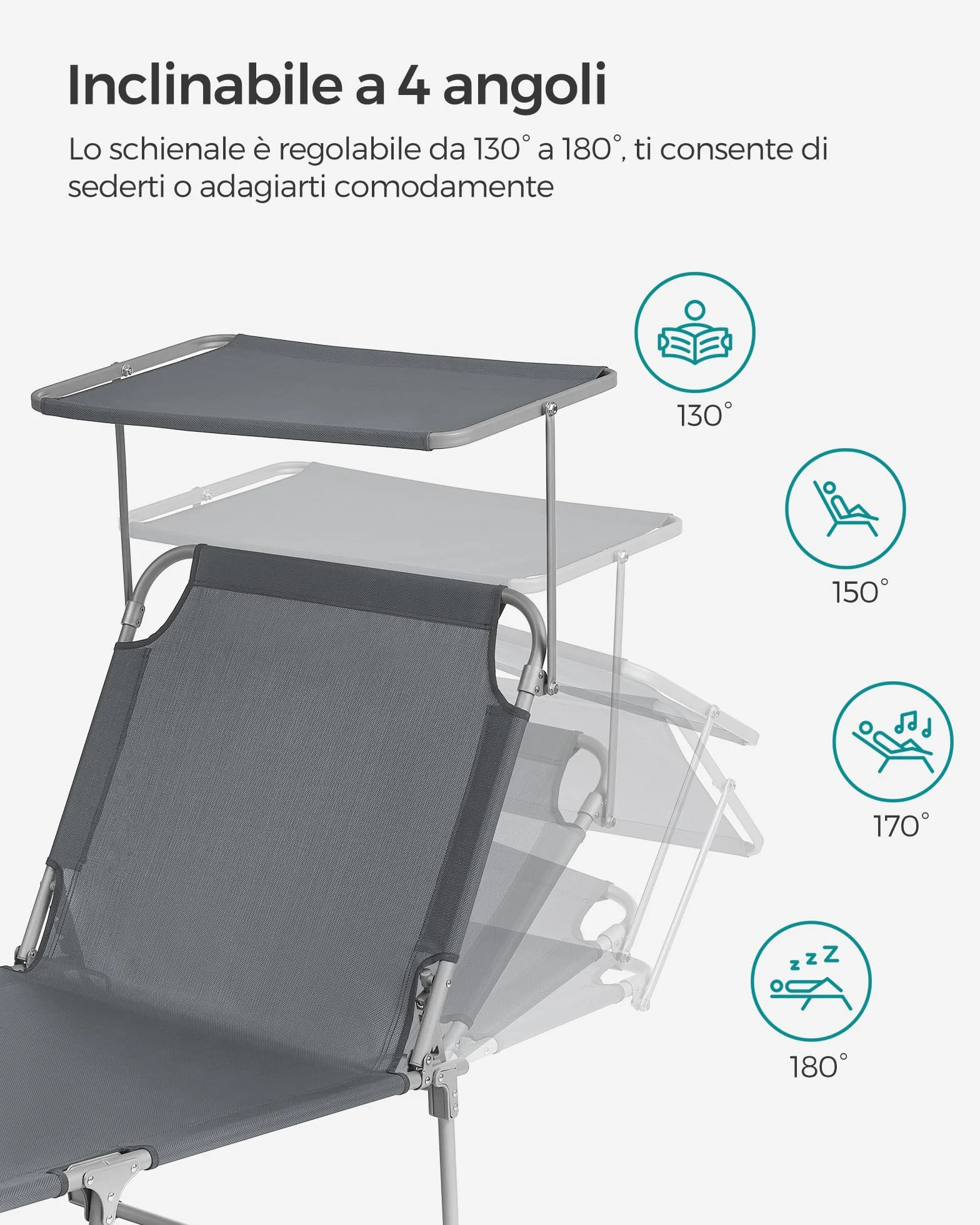 SONGMICS Lettino Prendisole Pieghevole 193x53x29 cm Max Portata 150 kg Poggiatesta Parasole Schienale Reclinabile Grigio Scuro
