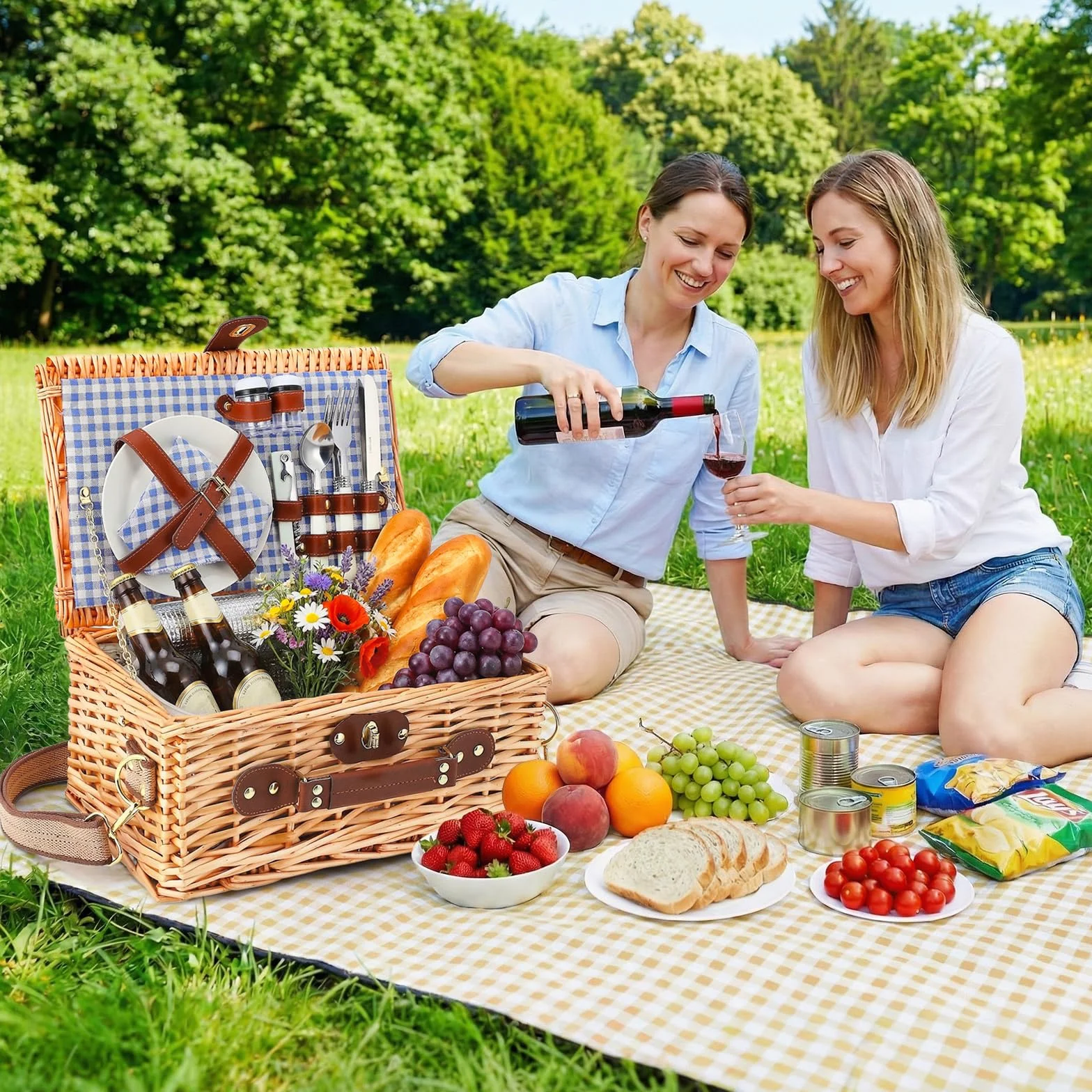 Cesto da Picnic in Vimini per 2 Persone con Scomparto Termico, Blu