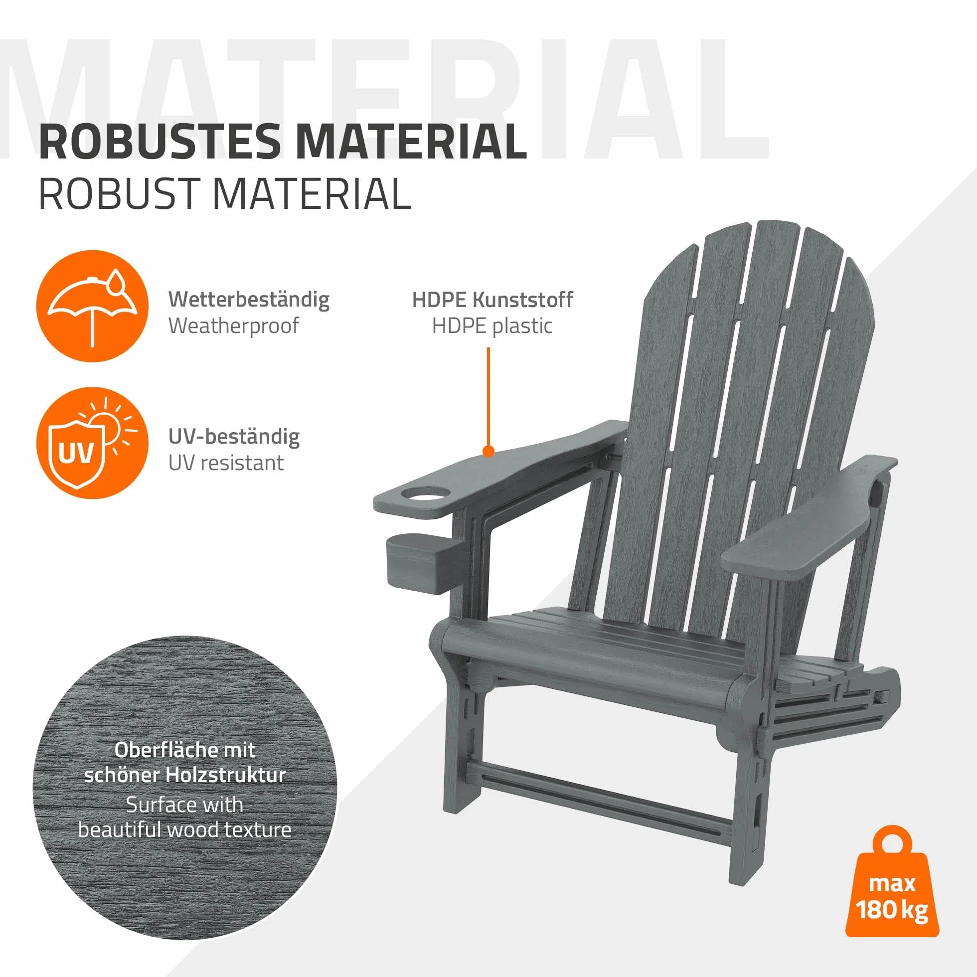 ML-Design Sedia Adirondack da Giardino con Portabicchieri, Grigia, Poltrona da Esterno in Plastica Effetto Legno, Sedia Lounge con Sistema a Incastro, Resistente alle Intemperie, per Patio e Giardino