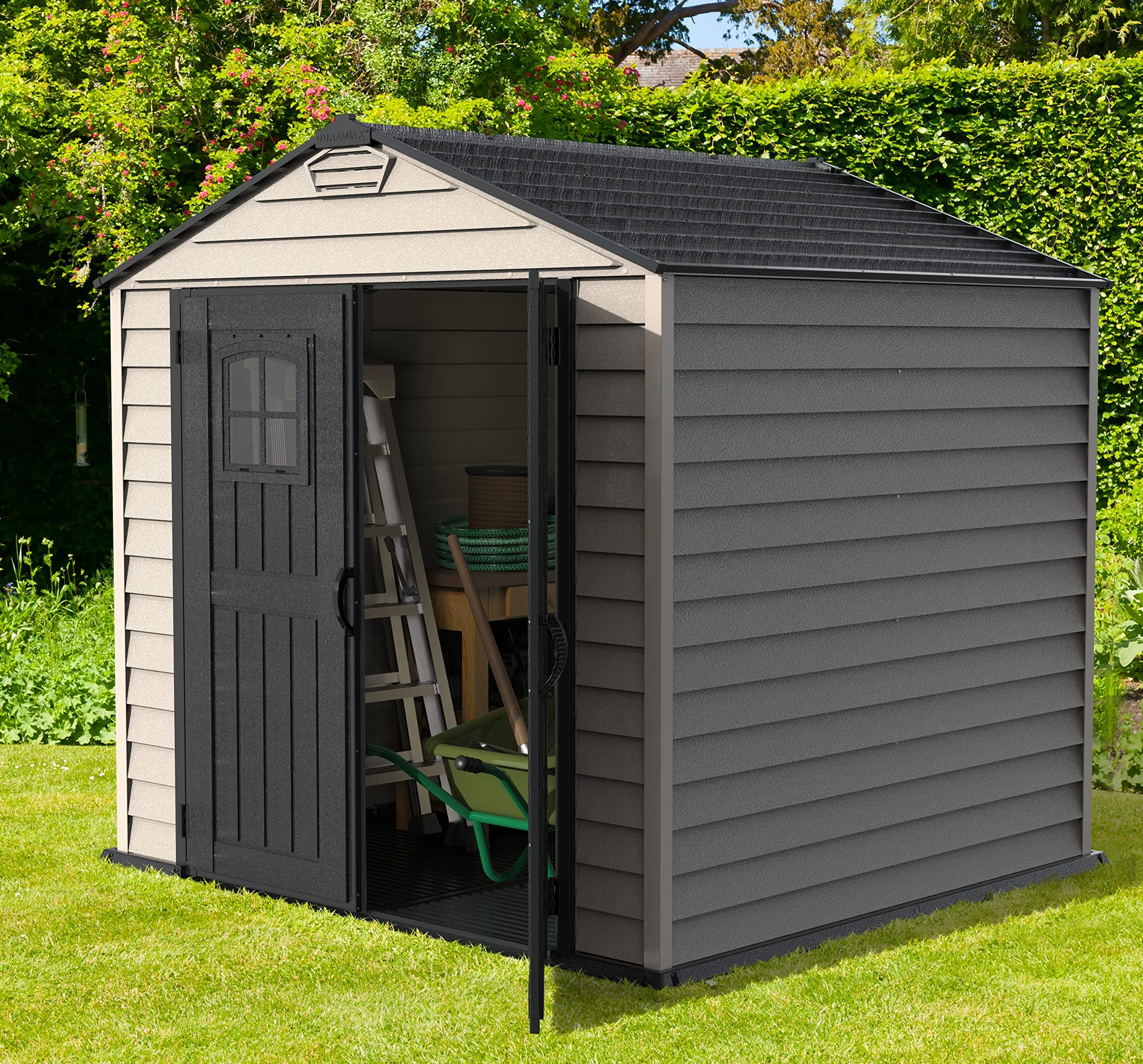 Duramax StoreMax Capanno da giardino in plastica, 7 x 7, con pavimento, e finestra fissa su porte, struttura in metallo resistente ignifugo e senza manutenzione, Grigio scuro/Adobe