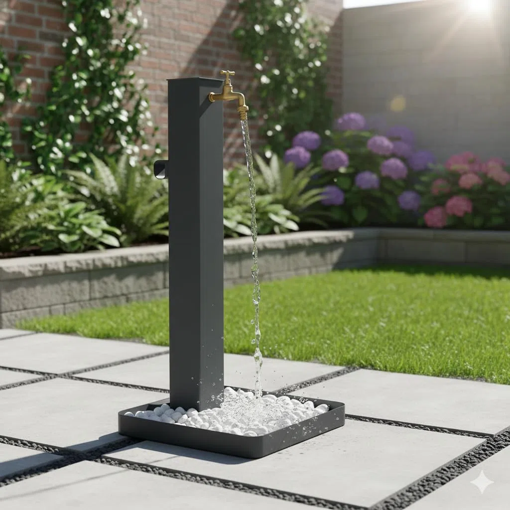 Fontana da Giardino Design a Colonna Quadrata Rubinetto in Ottone Base Ciottoli Antracite