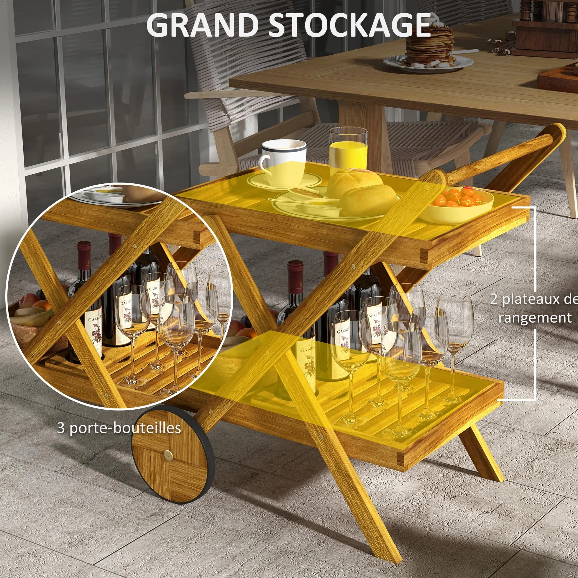 Outsunny Carrello da giardino barbecue legno 2 vassoi 52x71x74 cm