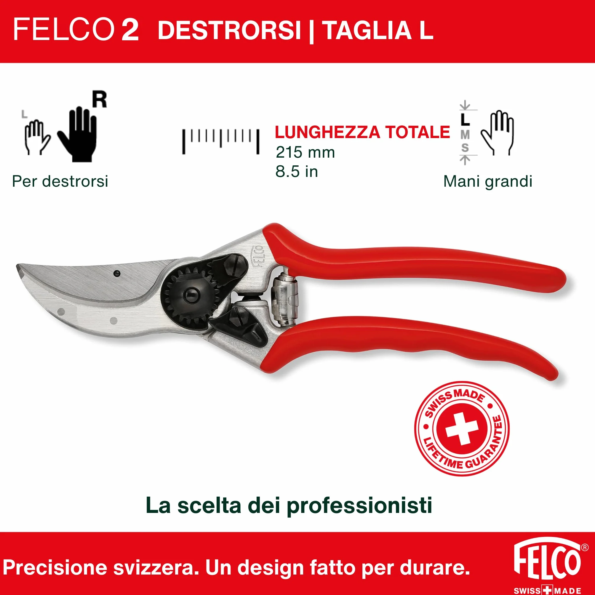 FELCO 2 Cesoia da Potatura Bypass, Mano Destra, Mano Grande, Capacità di Taglio 25mm, Lama in Acciaio Temprato, Manico in Alluminio Forgiato, Made in Switzerland, Garanzia a Vita