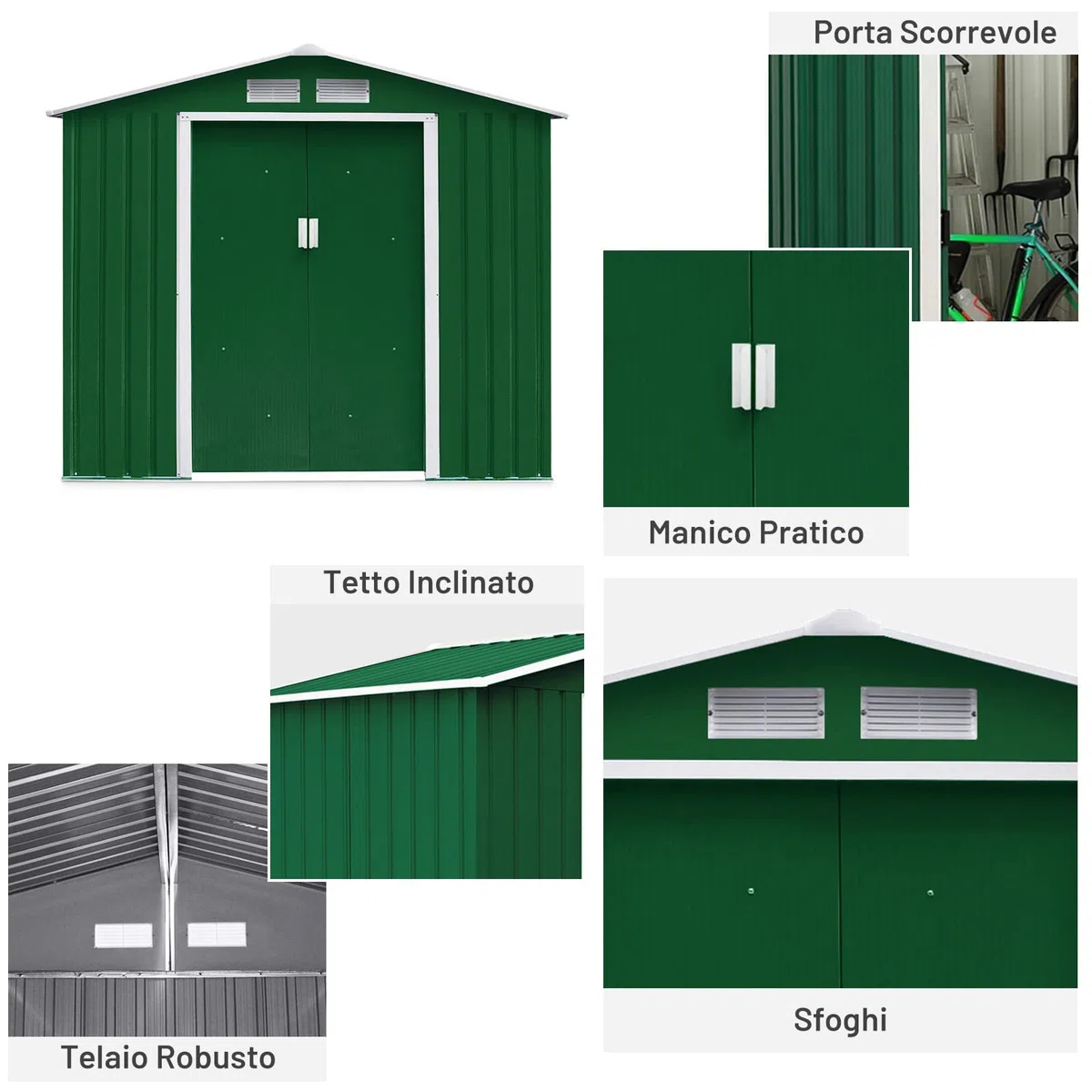 RELAX4LIFE Casetta da Giardino per Attrezzi, 213 x 127 x 185 cmin Lamiera d'Acciaio e e Lamiera Zincata con Doppie Porte Scorrevoli, Tetto Inclinato, per Porta Attrezzi, Tosaerba, Verde