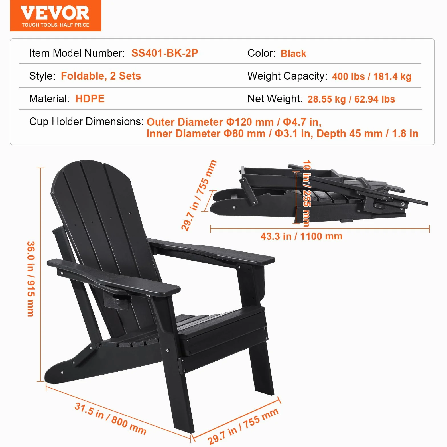 VEVOR Sedie Adirondack in Plastica Set di 2, Sedie da Esterno Pieghevoli Portatili Resistenti alle Intemperie per Patio con Portabicchieri, Bracciolo Rilassante Ergonomico, per Giardino Cortile, Nero