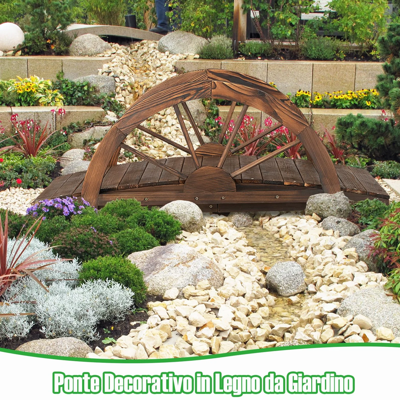 GYMAX Ponte da Giardino in Legno, con Ringhiera di Sicurezza a Forma di Ruota Finitura Tinta, da Esterno per Cortile Giardino Torrente Fattoria, 101,5 x 48,5 x 38 cm