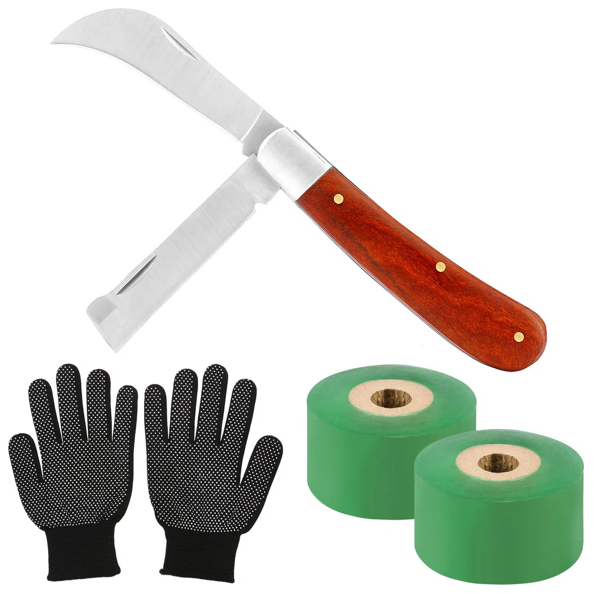 4 Pezzi Coltello da Innesto,Kit di Utensili per Innesto con Nastro Pellicola Innesti Guanti da Giardinaggio,Coltello da Potatura Alberi da Frutto per Piante di Fiori e Rami Germogliare